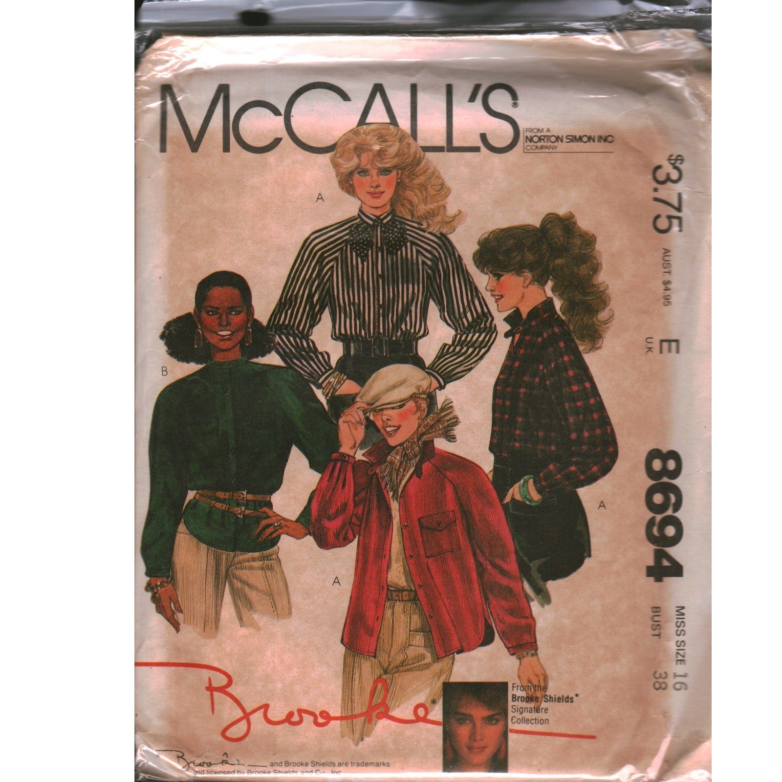 Vintage McCalls 8694 Brooke Shields Shirt Sewing Pattern Size 16 Bust 38 1983 Vintage McCalls 8694 Brooke Shields Shirt Sewing Pattern Size 16 Bust 38 1983