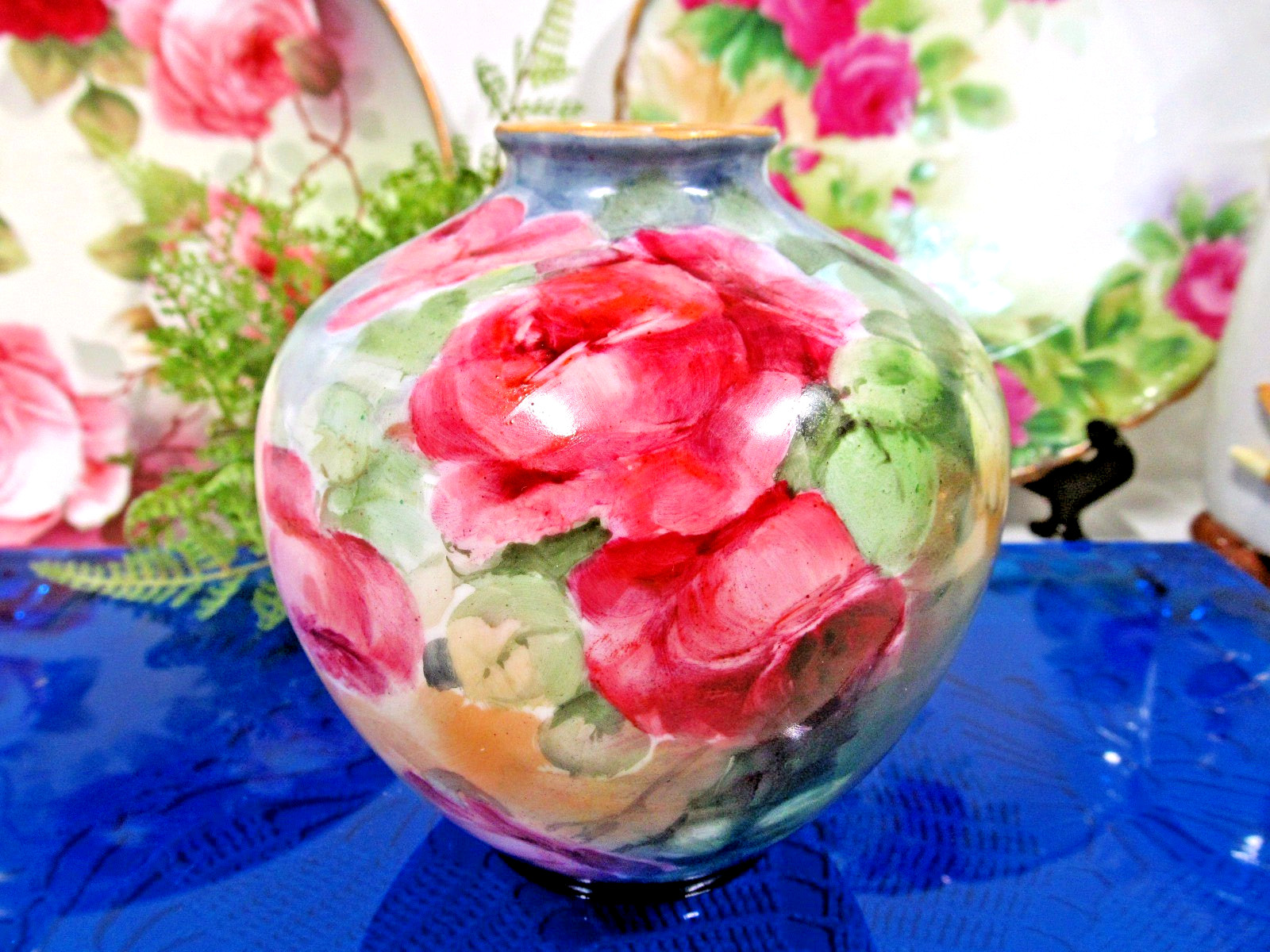 Bavaria Germany painted red  cabbage roses marked small porcelain vase