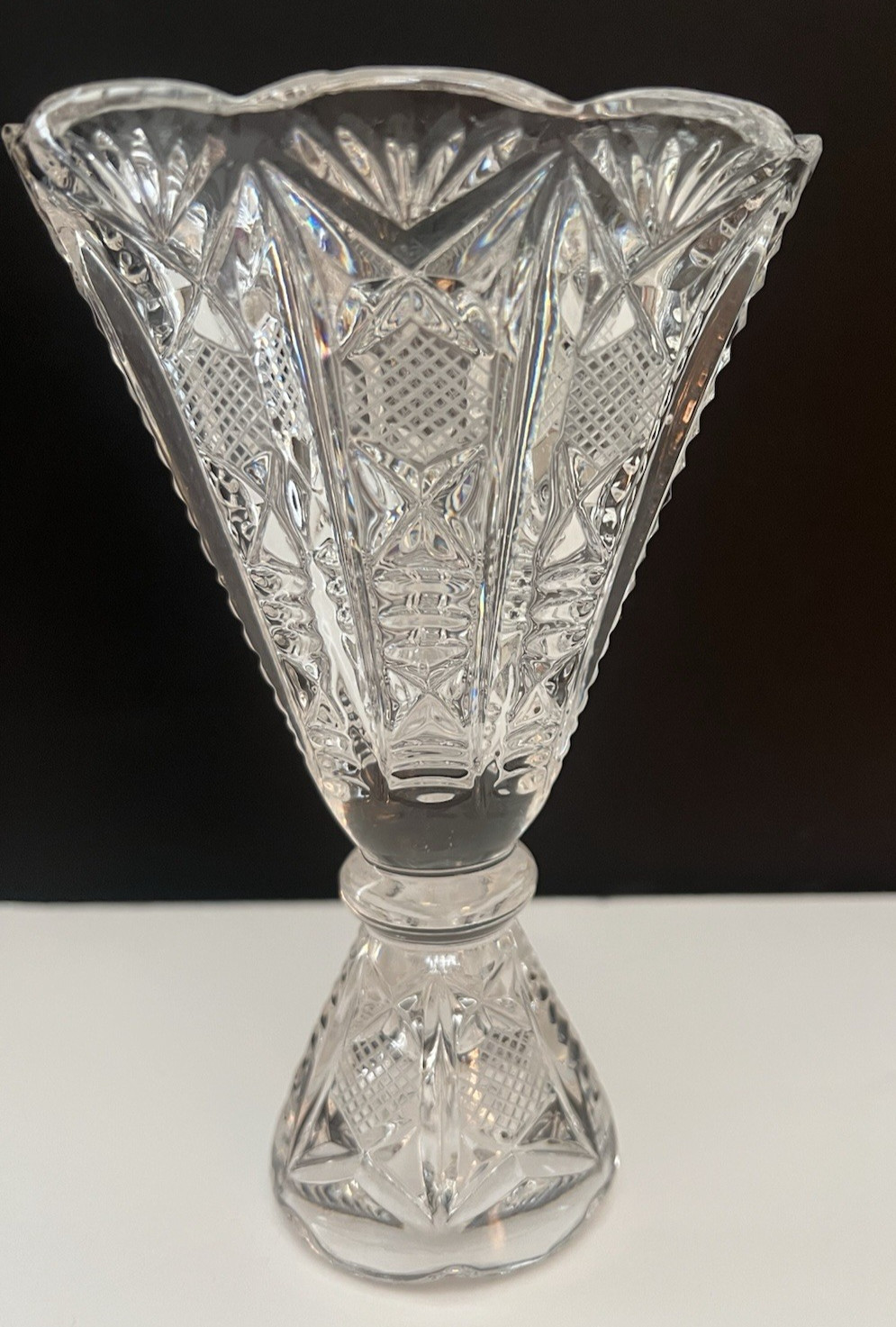 Early American Clear Pressed Glass Trumpet Vase Scalloped Rim Pedestal Base 6