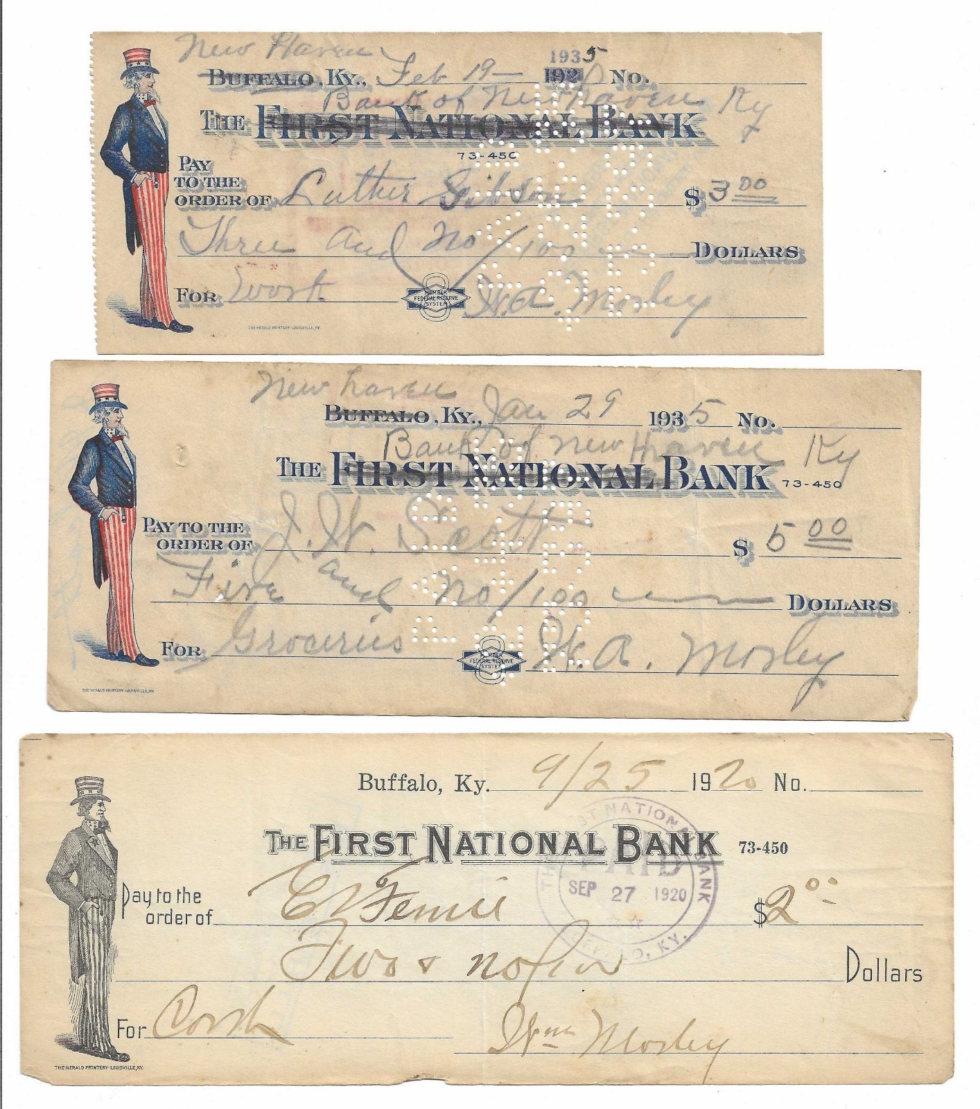 (3) Buffalo KY Checks ~ 1920/1935 ~ Uncle Sam/Patriotic ~ Signed By Morley (3) Buffalo KY Checks ~ 1920/1935 ~ Uncle Sam/Patriotic ~ Signed By Morley