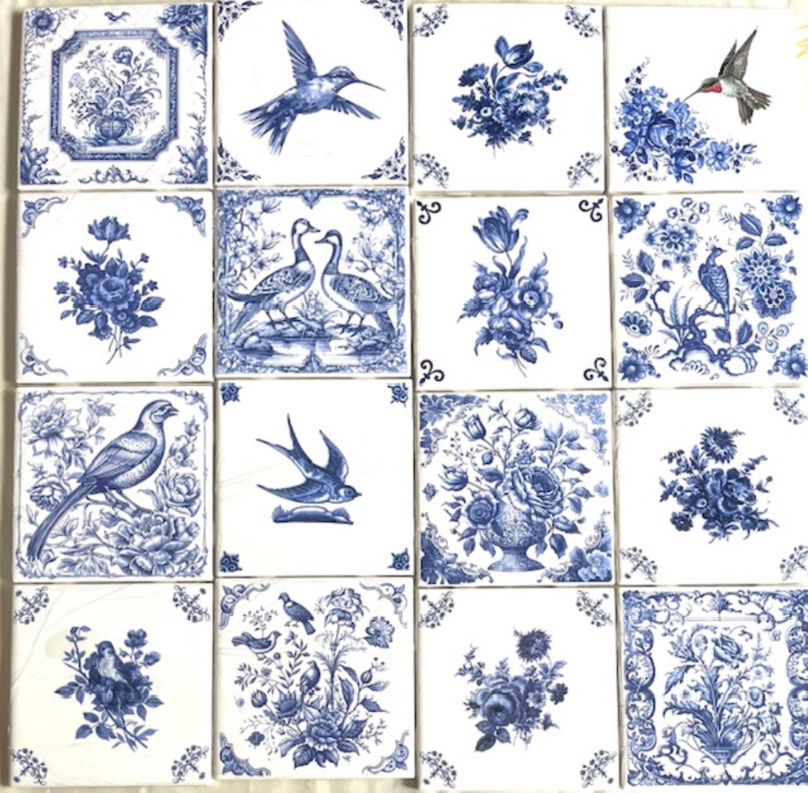 Blue Delft Design Floral Flower Bouquets and Birds 16 Kiln Fired4.25 Blue Delft Design Floral Flower Bouquets and Birds 16 Kiln Fired4.25