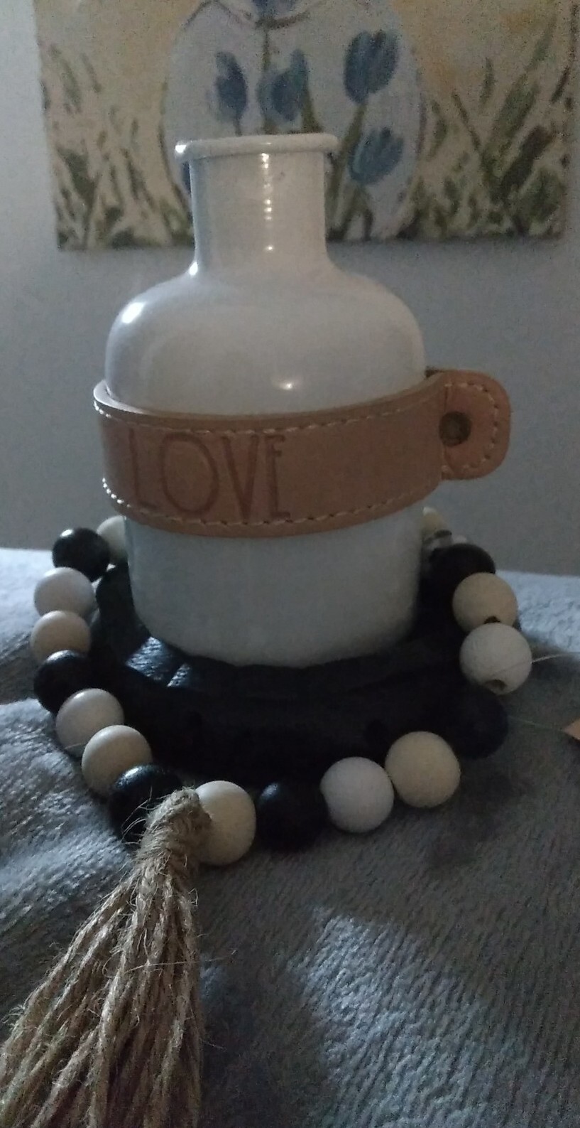 Small white VASE w/leather strap, Wooden Beads and Vase Holder