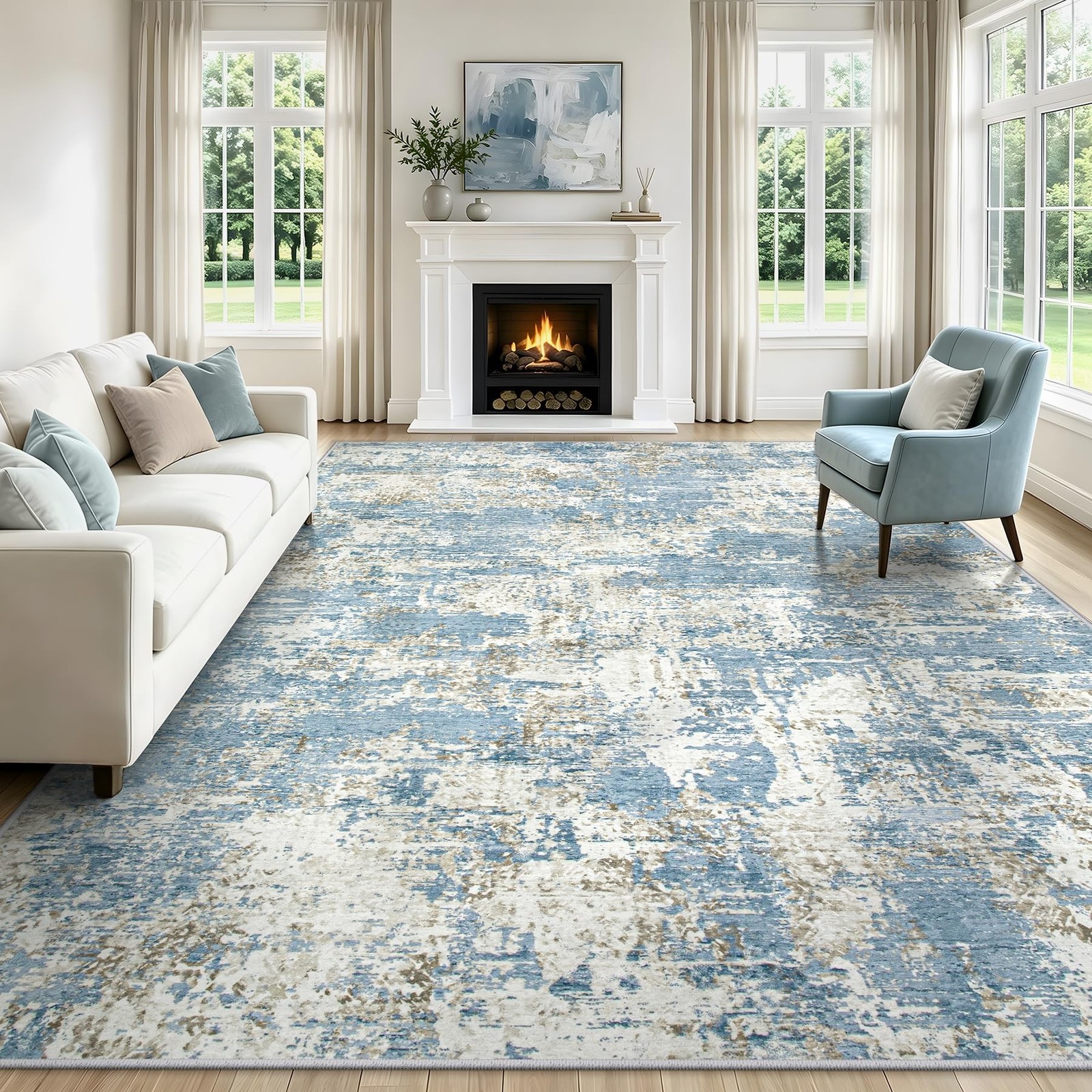 8x10 Area Rugs Living Room Rug Modern Abstract Neutral Washable Rugs Non Slip...