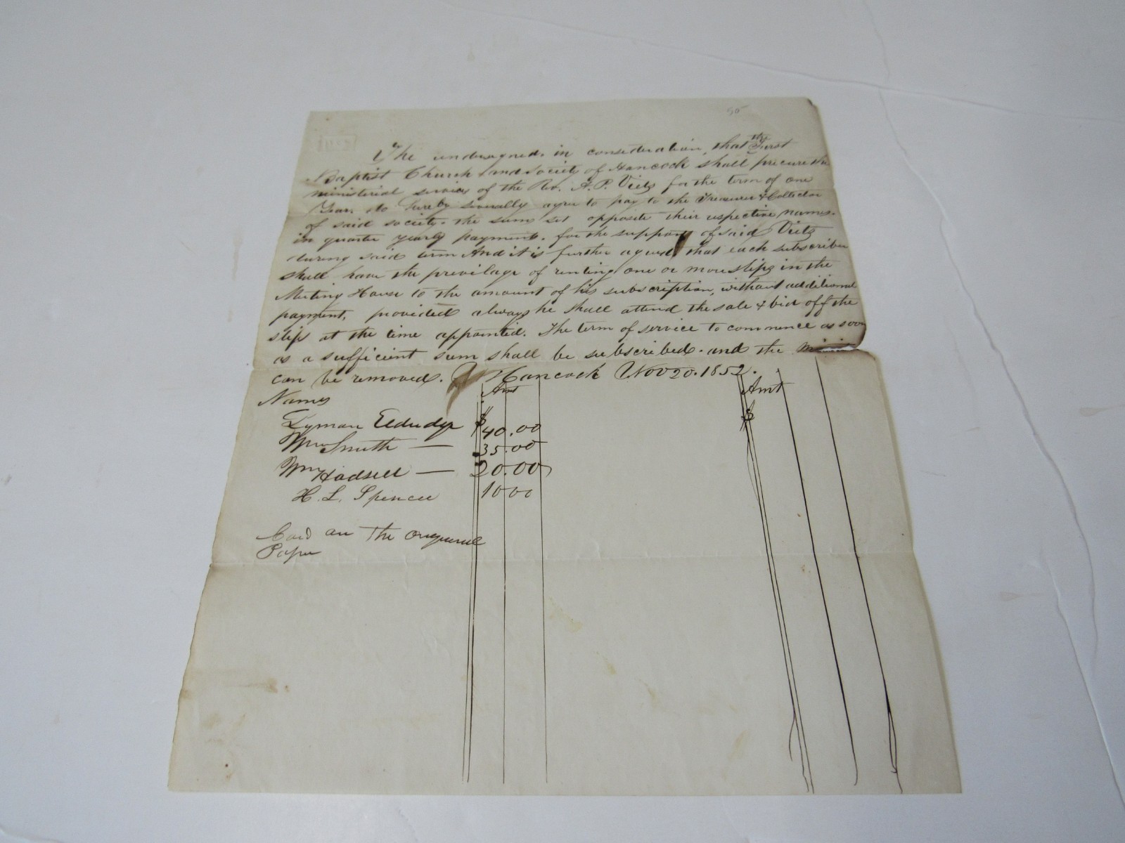 1852 Handwritten Manuscript Hancock to Hire a Minister Baptist Church