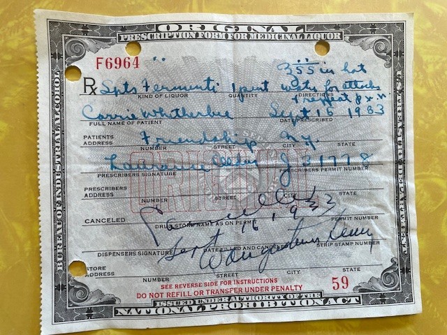 Early 1930's Prohibition Prescription for Medicinal Liquor - Quantity 1 Early 1930's Prohibition Prescription for Medicinal Liquor - Quantity 1