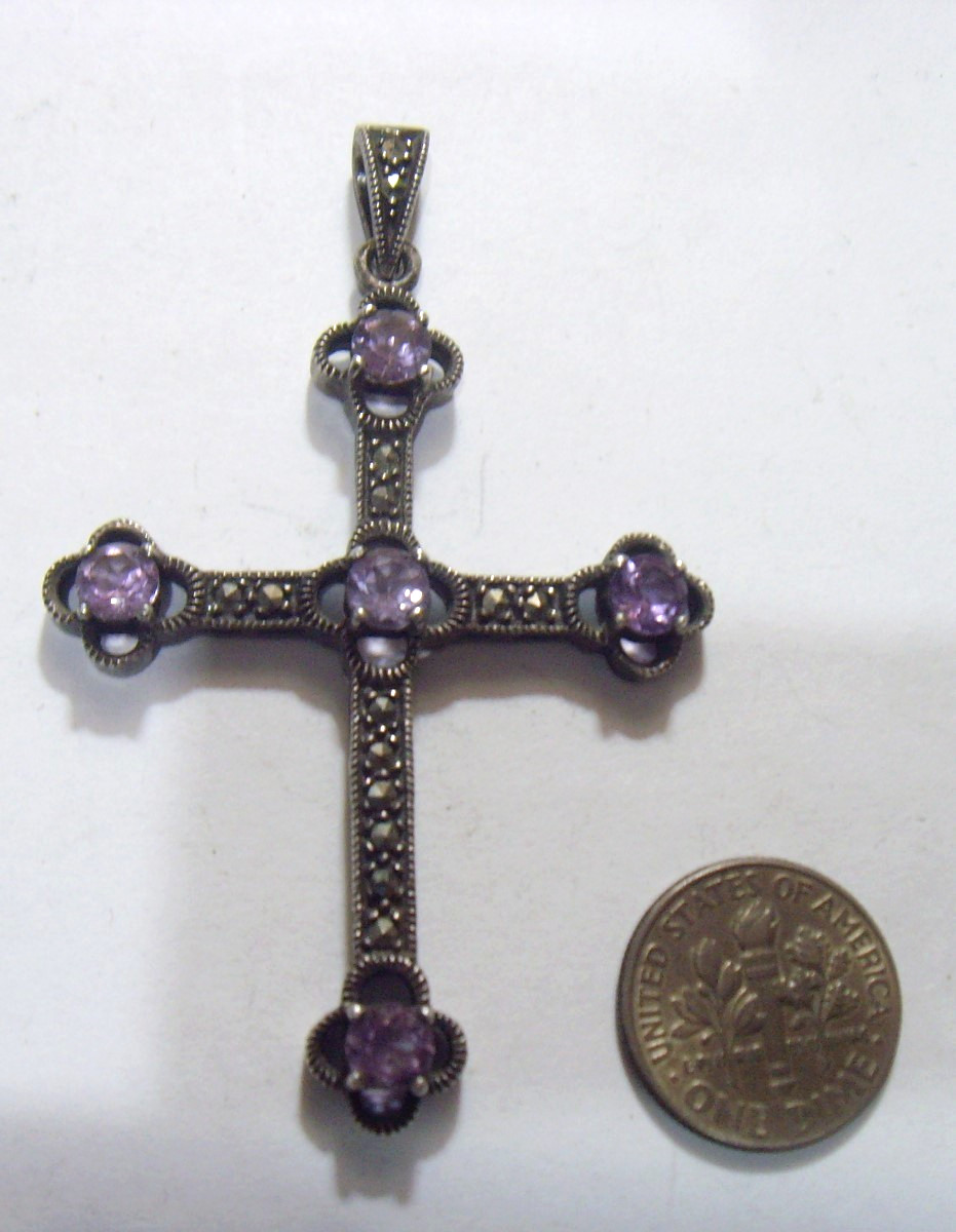 1930s antique sterling silver Amethyst gems Christian cross pendant EL1134