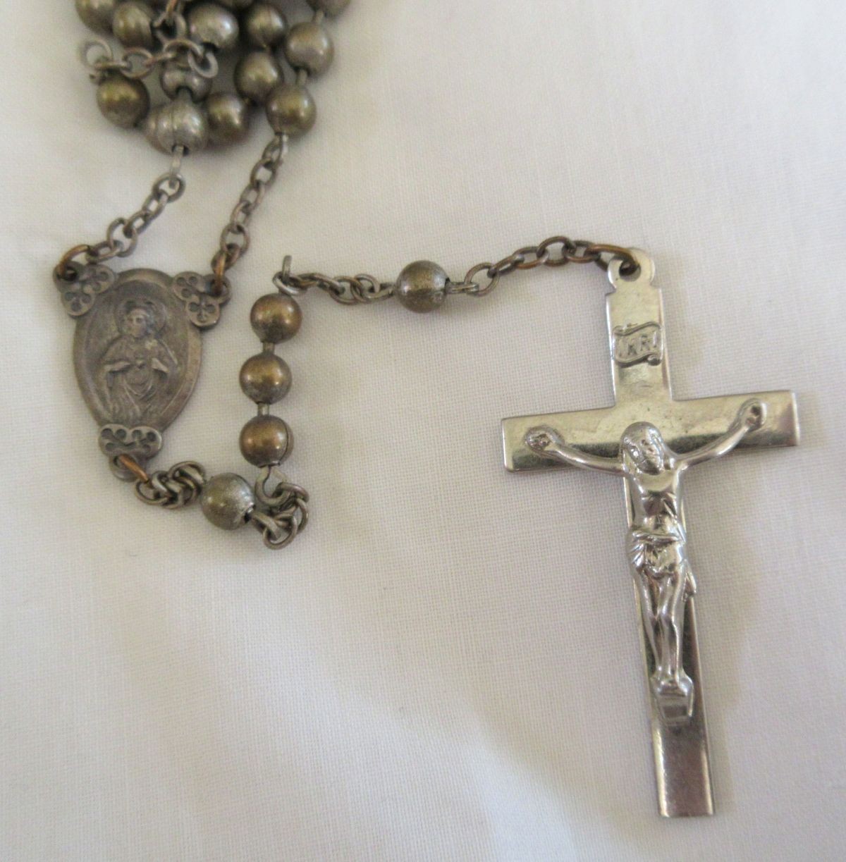 Antique 19th Century Metal Pull Chain Bead Rosary Brass? Crucifix Jesus / Mary