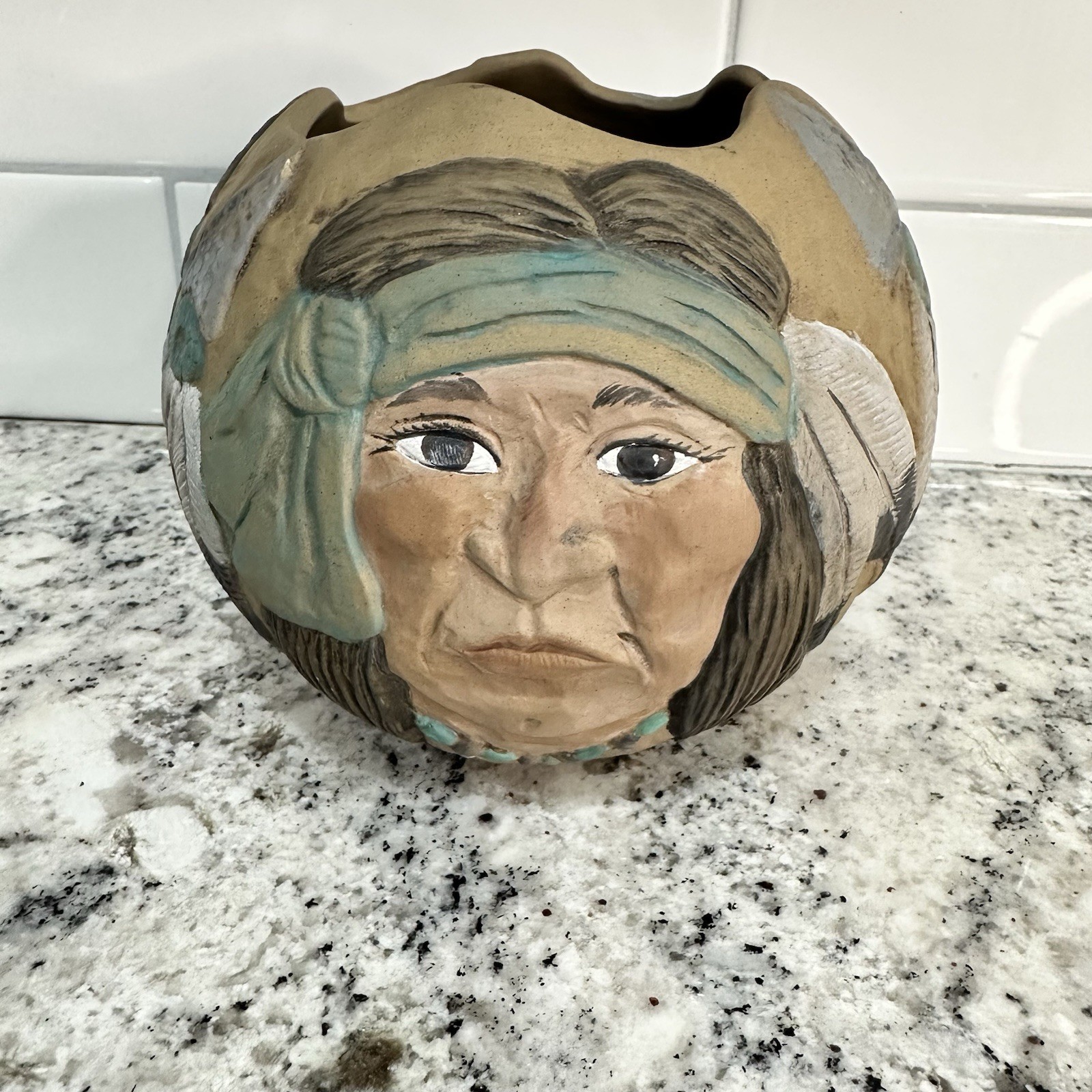 Vintage Native American Bowl/ceramic Handpainted  Planter  4” Tall 6” Wide