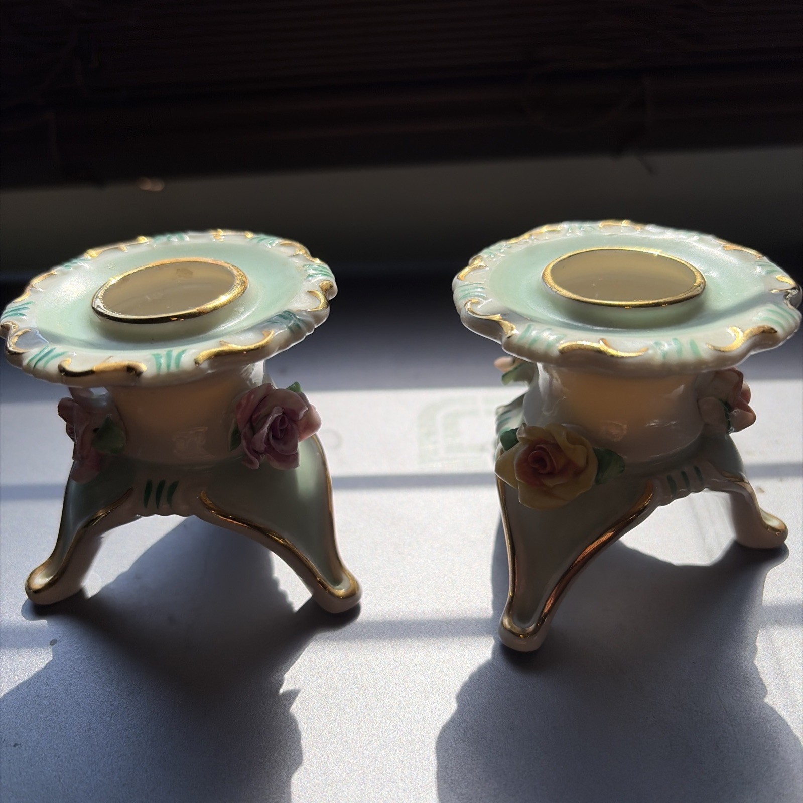 Pair Small Vintage German Porcelain Candleholders w Applied Pink & Yellow Roses
