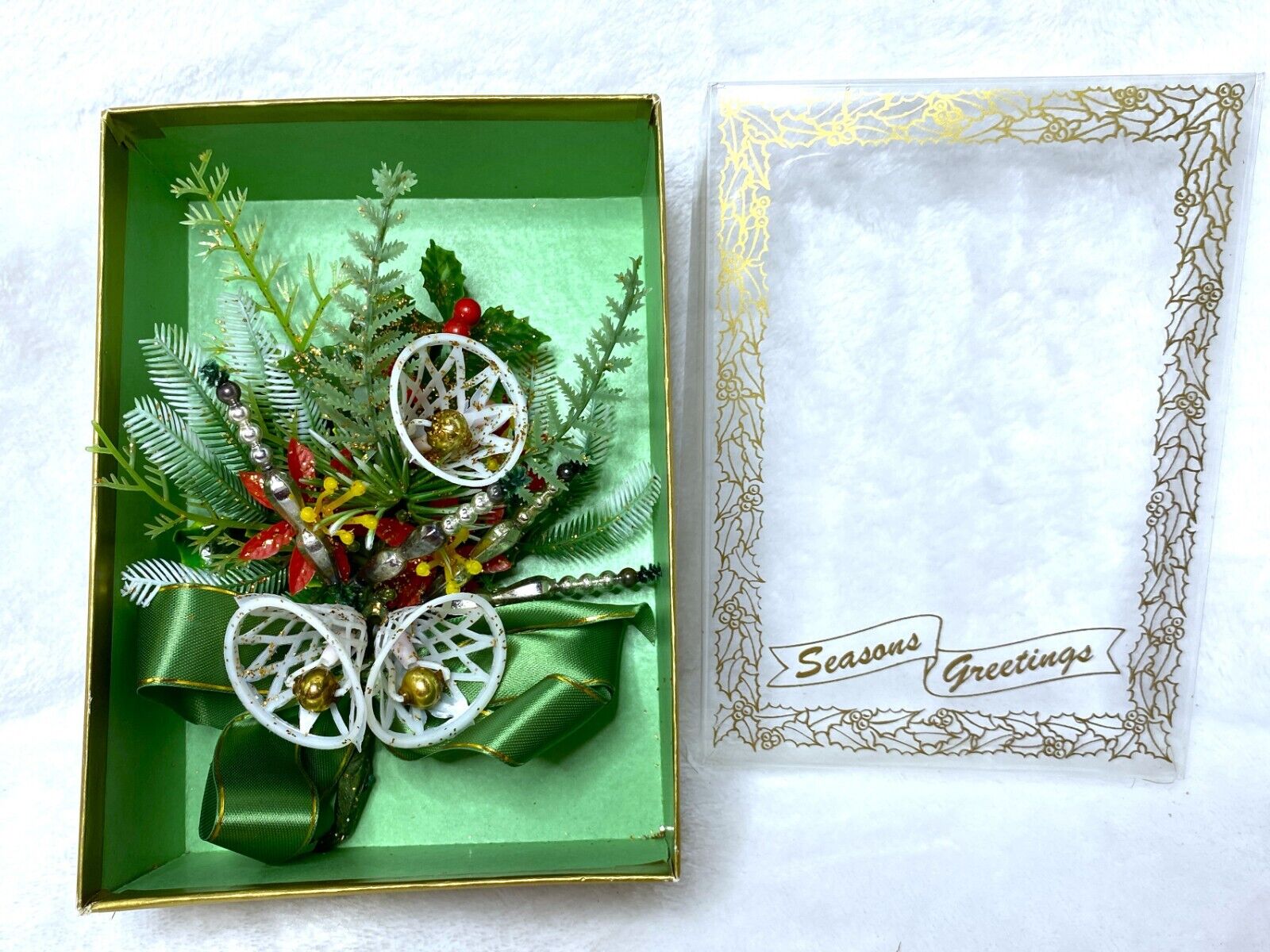 NOS Christmas Corsage  In Seasons Greetings Box Green With Bells/Mercury Beads