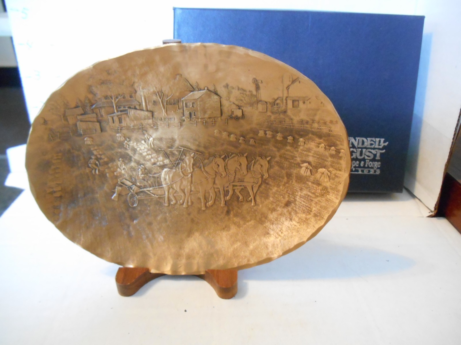 Wendell August Forge Handmade Oval Trinket Dish BRONZE Amish Farm w/Stand/Box/Pa