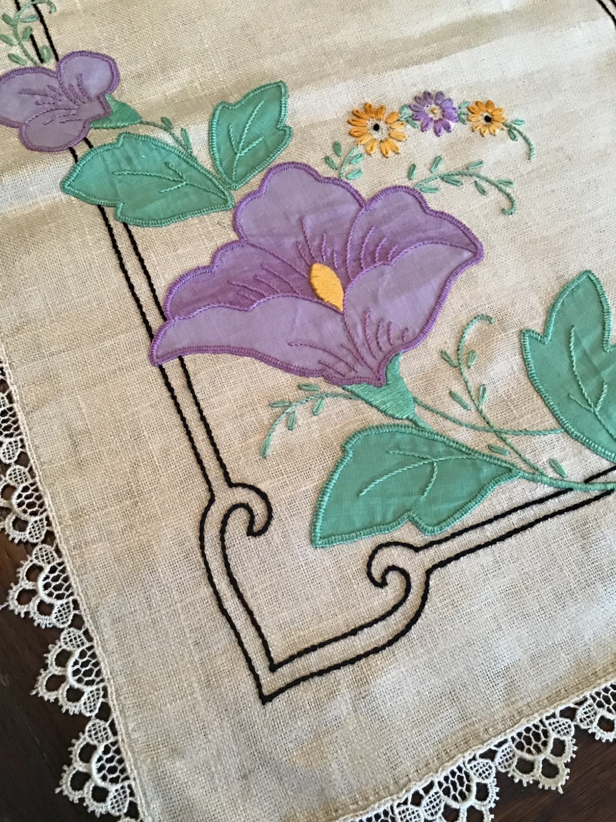 1940s Vintage BUREAU SCARF TABLE RUNNER Appliques EMBROIDERY Lace NOS 1940s Vintage BUREAU SCARF TABLE RUNNER Appliques EMBROIDERY Lace NOS