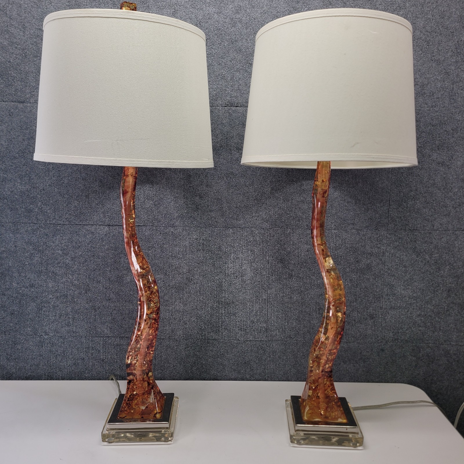 Vintage MCM Anthony California Amber Confetti Sculpted Lucite Table Lamp Set Vintage MCM Anthony California Amber Confetti Sculpted Lucite Table Lamp Set