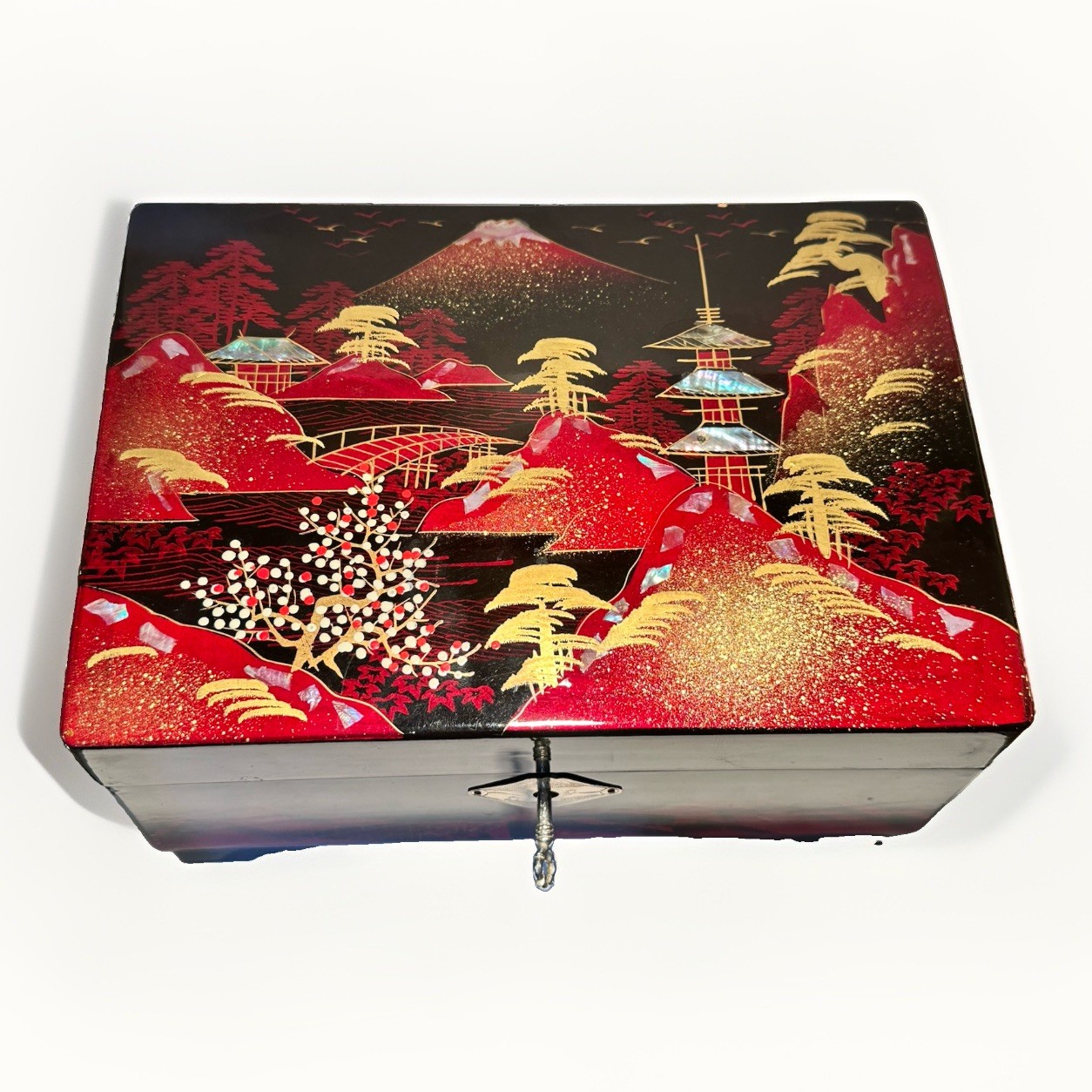 Vintage Japanese Black Red Lacquered Musical Jewelry Box Fuji Mt Mother of Pearl