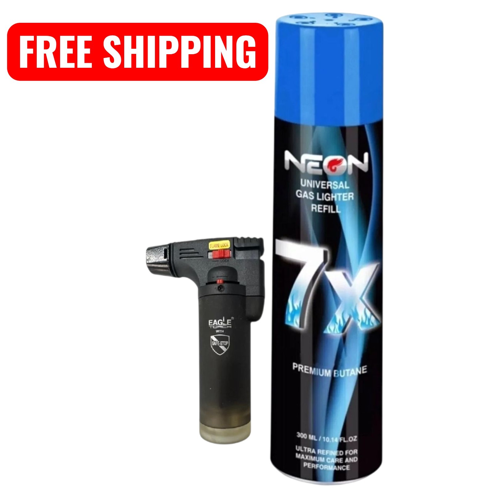Eagle Windproof Gun Torch Lighter + Neon 7X Refined Butane Lighter Refill 300mL Eagle Windproof Gun Torch Lighter + Neon 7X Refined Butane Lighter Refill 300mL