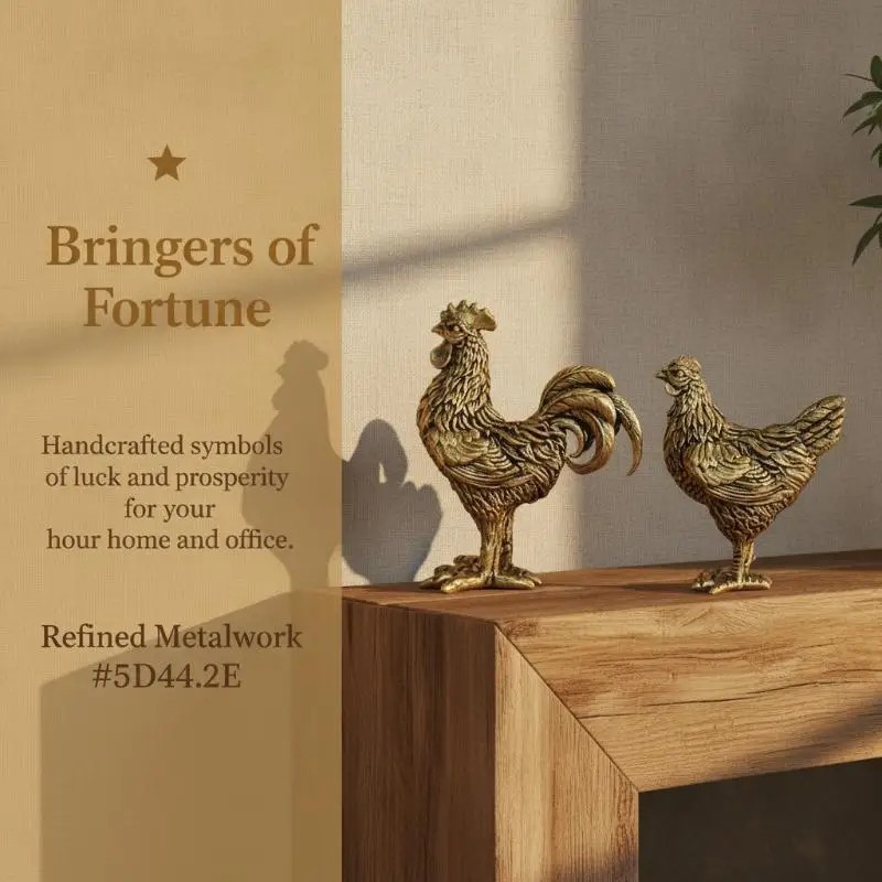 2PCS Miniatures Copper Rooster And Hen Ornaments Solid Brass Rooster For Decor