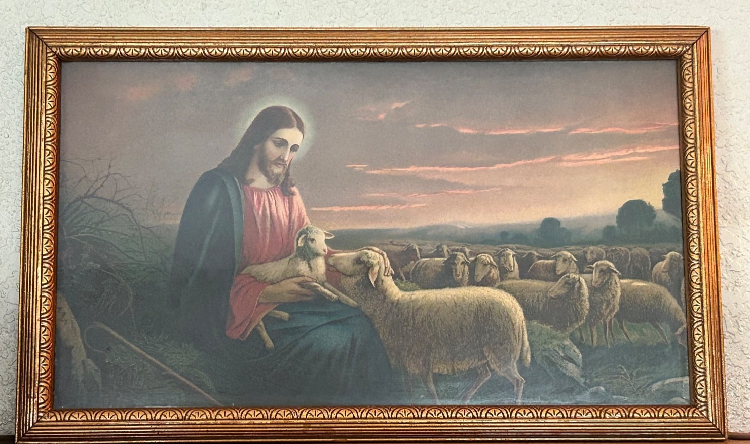 Vintage Mataloni Giovanni Framed Art Print Jesus the Good Shepard w/Sheep 15 x9