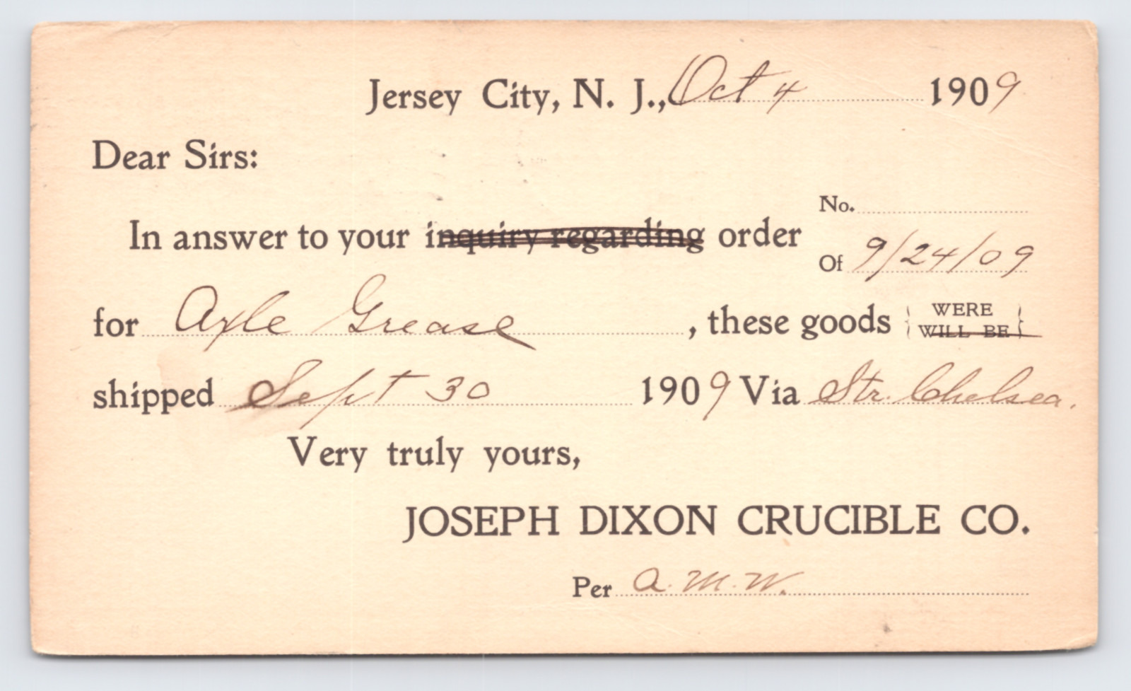 1909 Jos. Dixon Crucible Jersey City NJ Postal Card Axle Grease Ship SS Chelsea
