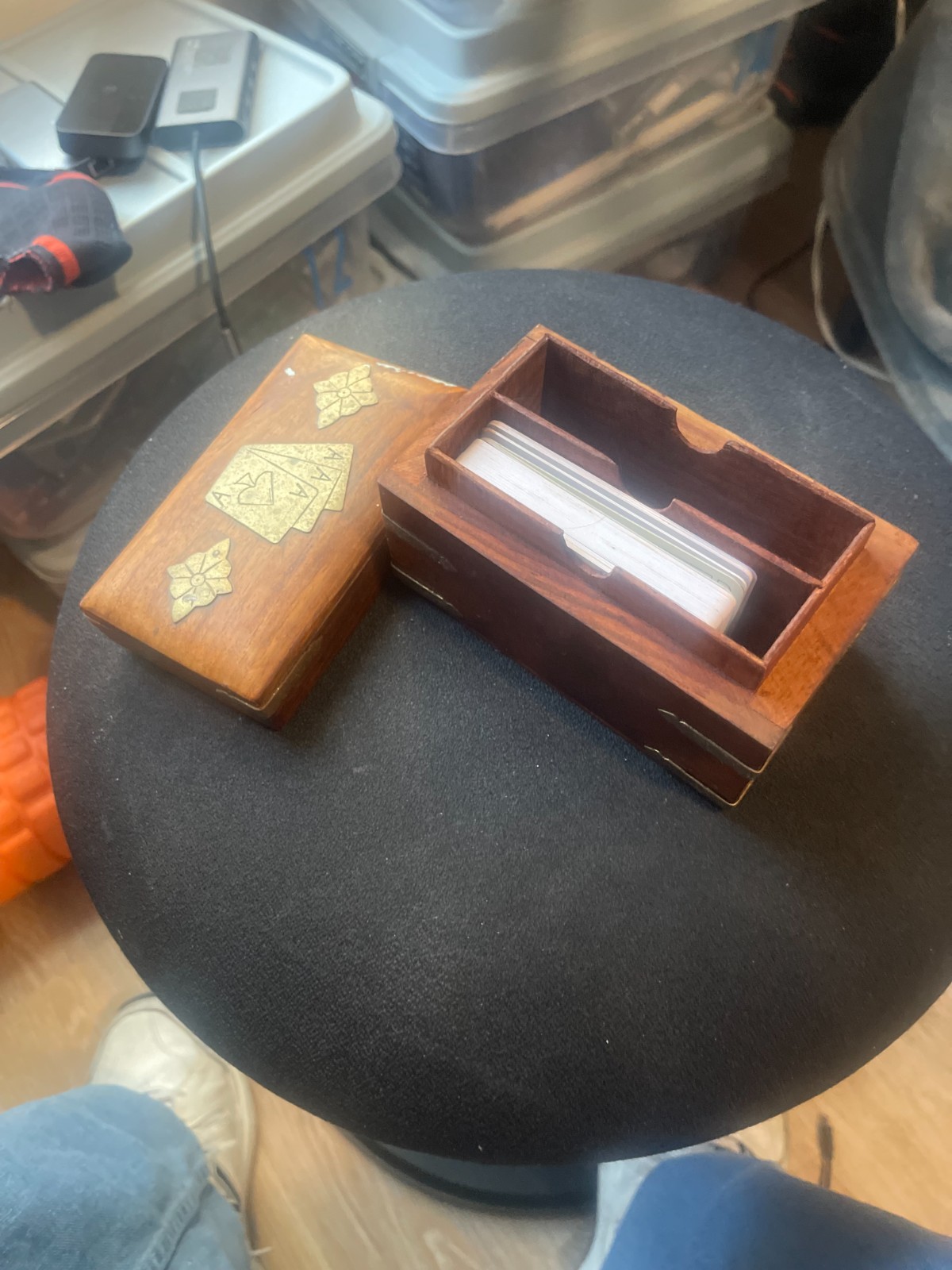 Vintage Wooden Playing Card Box Brass Inlay Aces Two-Deck Card Holder Gift