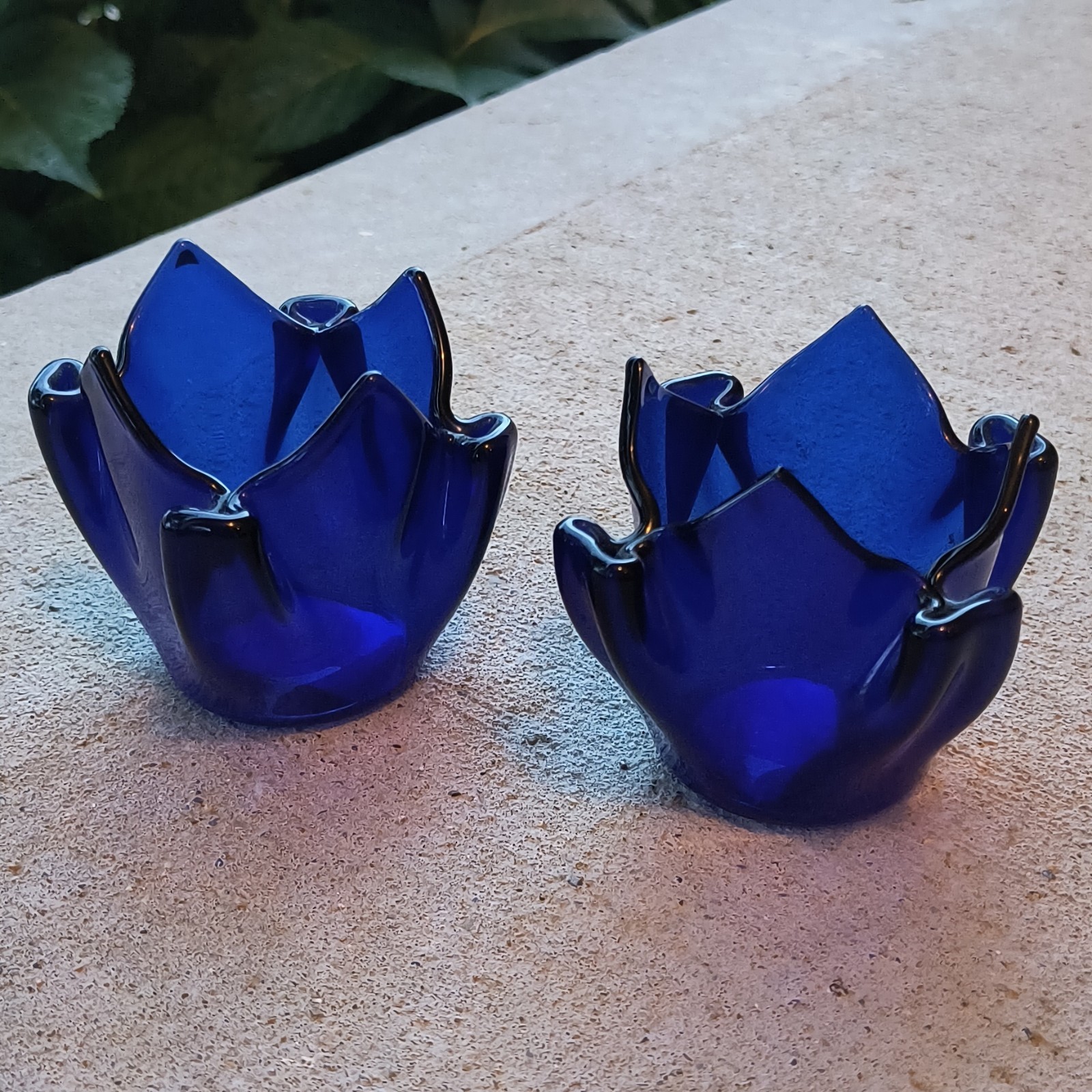 PartyLite Cobalt Blue Art Glass Tulip Votive Candle Holders Set of 2
