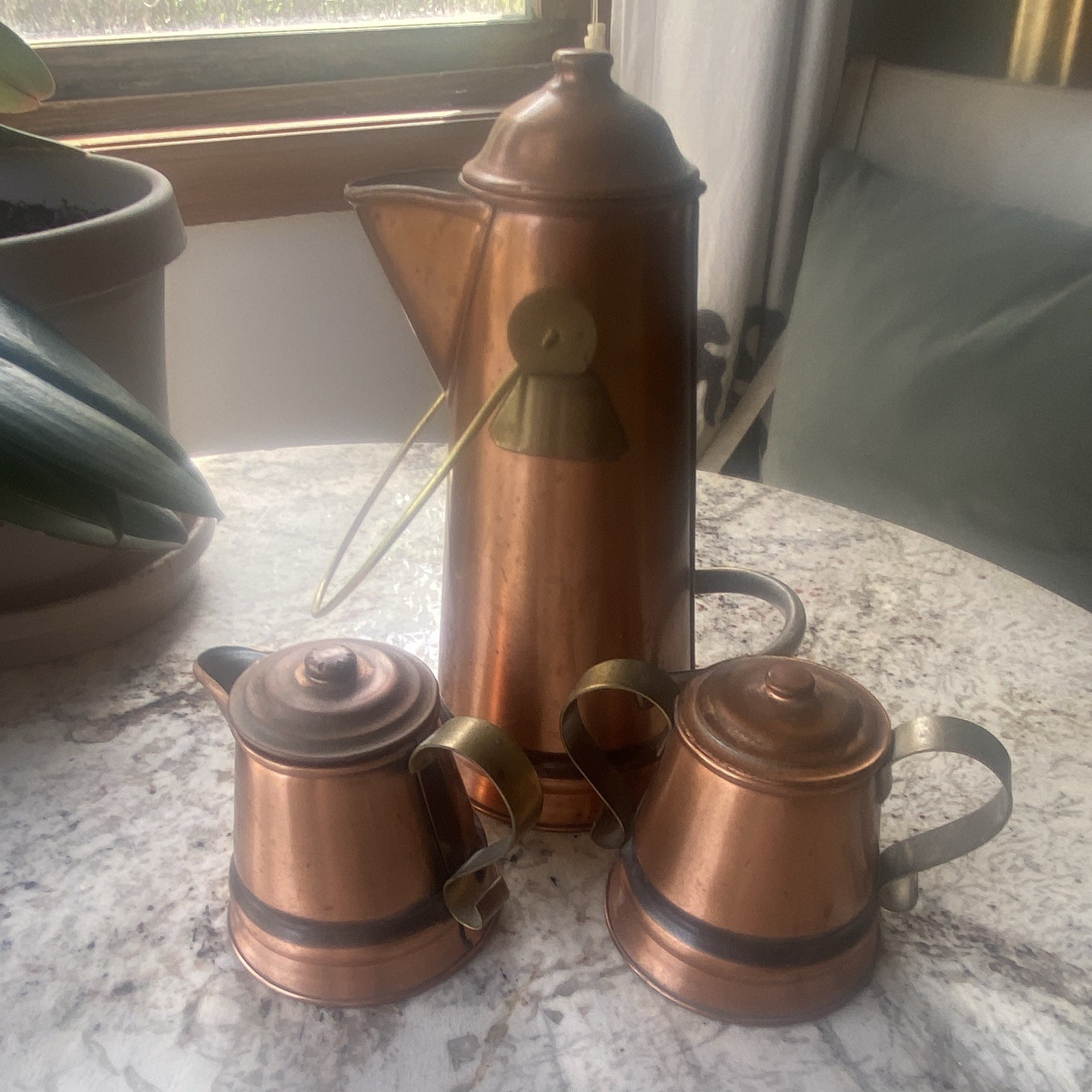 Vintage Gregorian Solid Copper Coffee Pot/Tea Set with Stickers Made In USA MCM Vintage Gregorian Solid Copper Coffee Pot/Tea Set with Stickers Made In USA MCM