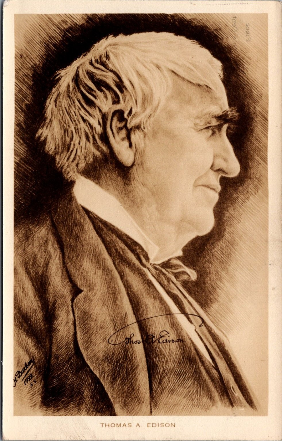 1909 Thomas A. Edison Portrait Postcard W. Bacher Signed Artercraft NJ 1909 Thomas A. Edison Portrait Postcard W. Bacher Signed Artercraft NJ