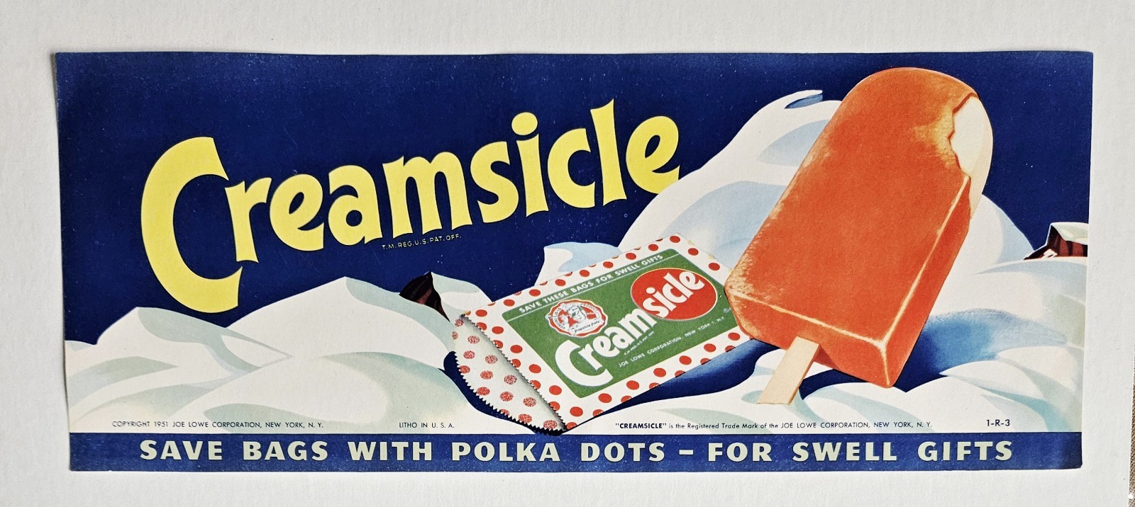 Original Old Vintage 1951 Creamsicle Ice Cream Paper Sign