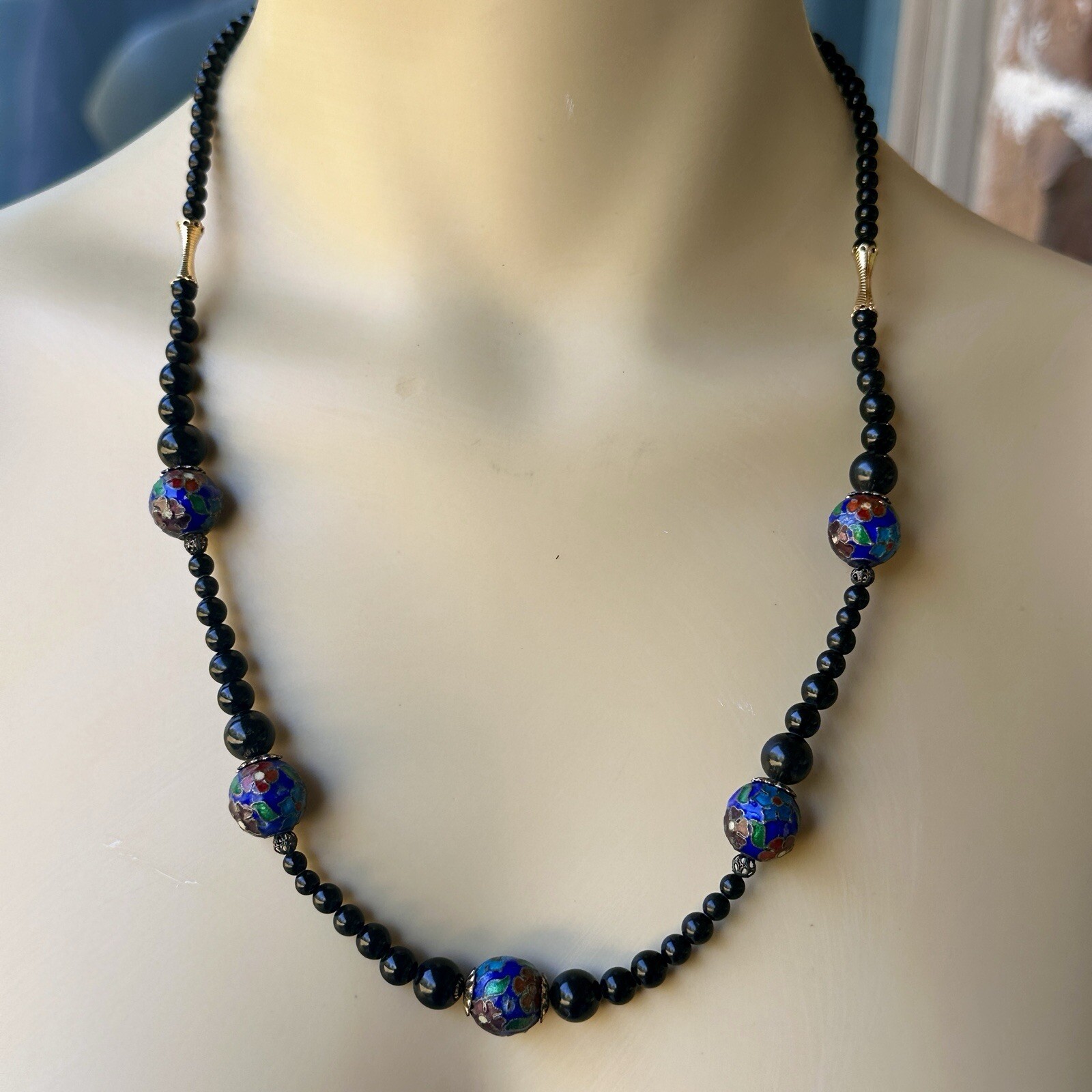 Vintage Beaded Necklace 21 Inch Chinese Cloisonne Art Glass Blue Floral Gold Vintage Beaded Necklace 21 Inch Chinese Cloisonne Art Glass Blue Floral Gold