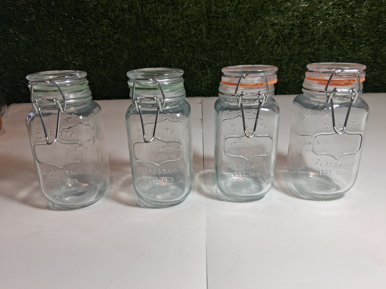Lot of 4 Old East Main Co Glass Spice Jars Hermetic Bail Lid Quality Glassware