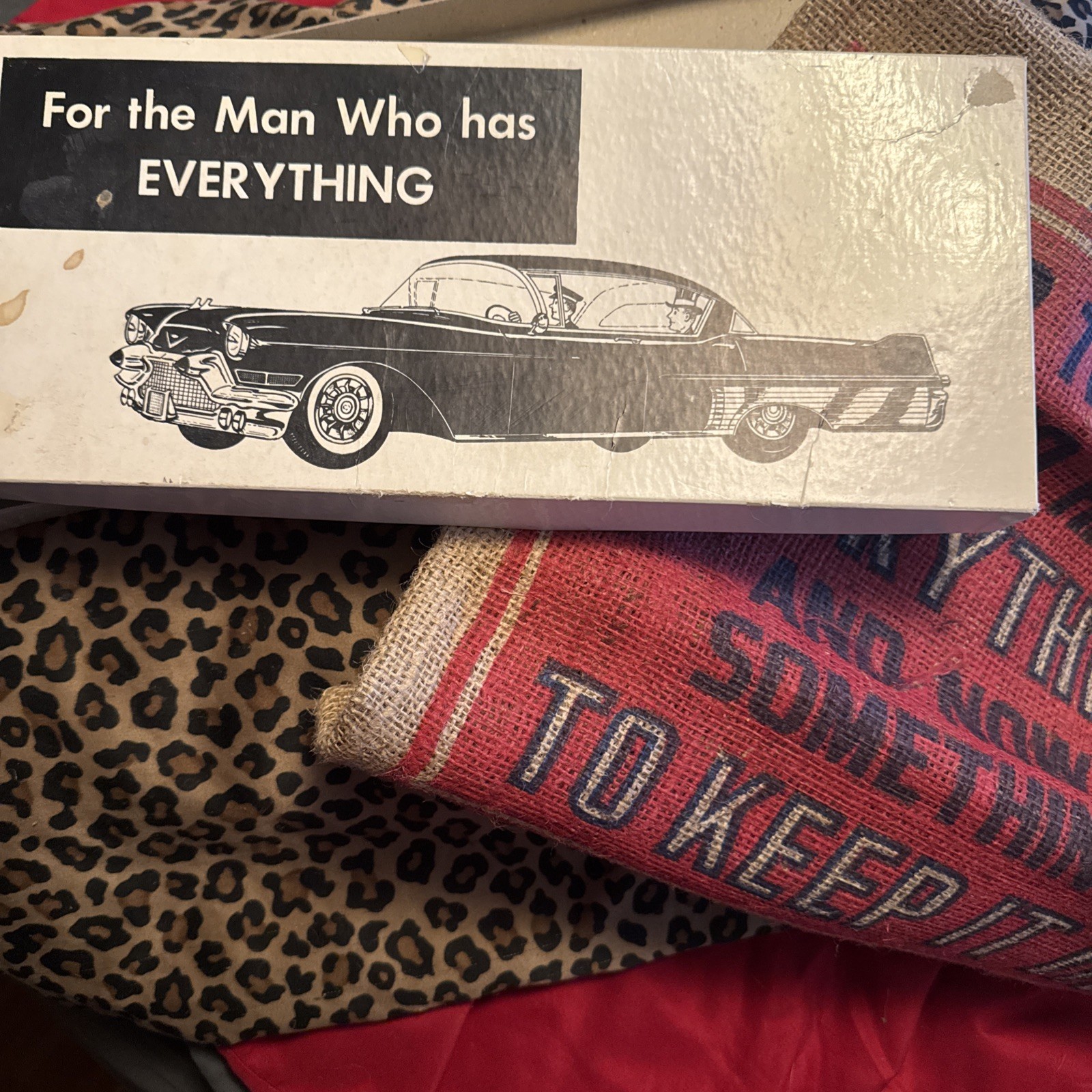 Vintage Burlap Novelty Gift Bag  for  “Man Who Has Everything “ w/ Original Box