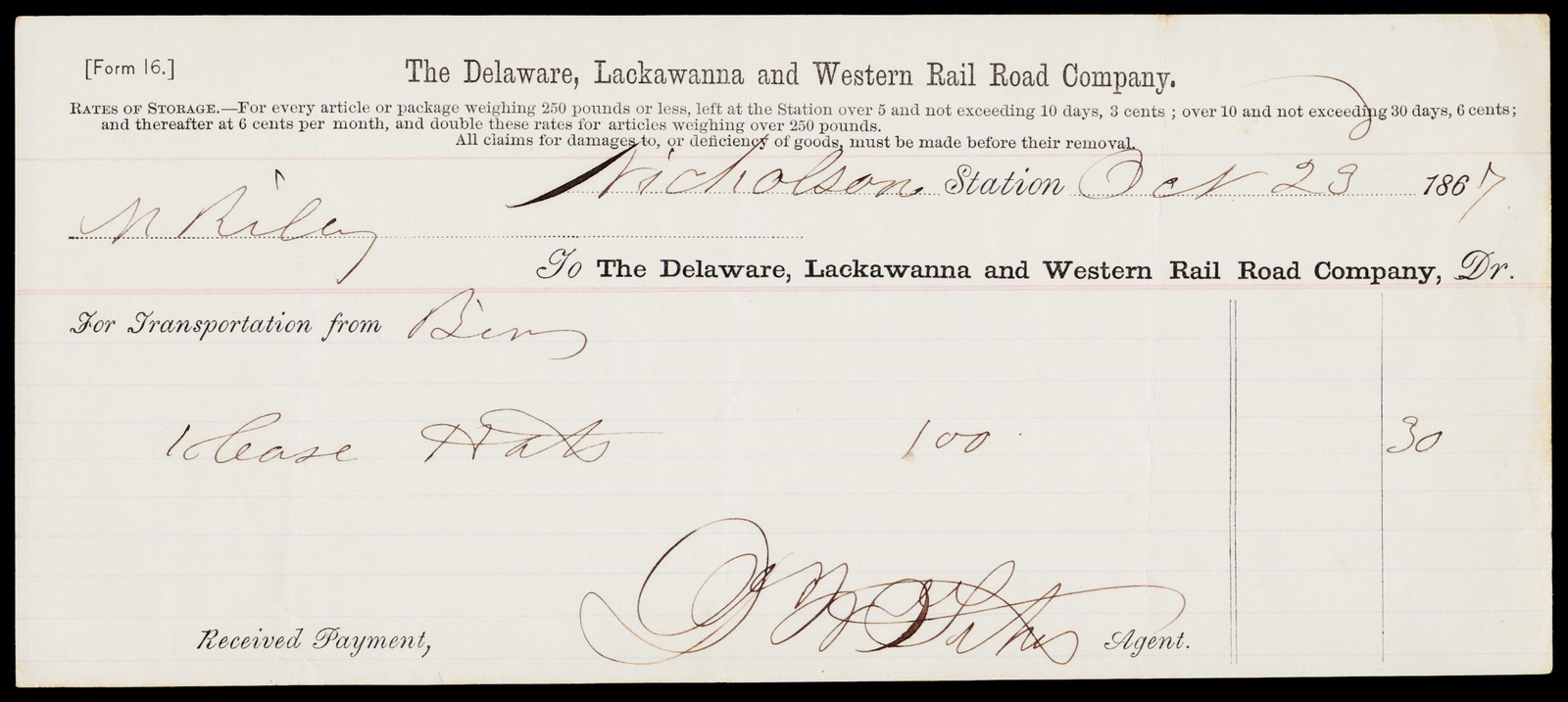 1867 Delaware Lackawanna & Western RR Nicholson PA Antique Railroad Receipt Bill 1867 Delaware Lackawanna & Western RR Nicholson PA Antique Railroad Receipt Bill