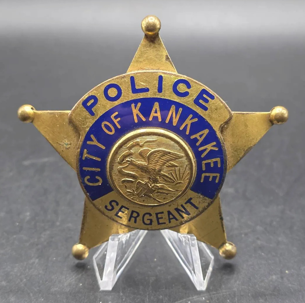 Obsolete Vintage Kankakee Illinois Police Sergeant Badge Star Hat Blue Enamel Obsolete Vintage Kankakee Illinois Police Sergeant Badge Star Hat Blue Enamel