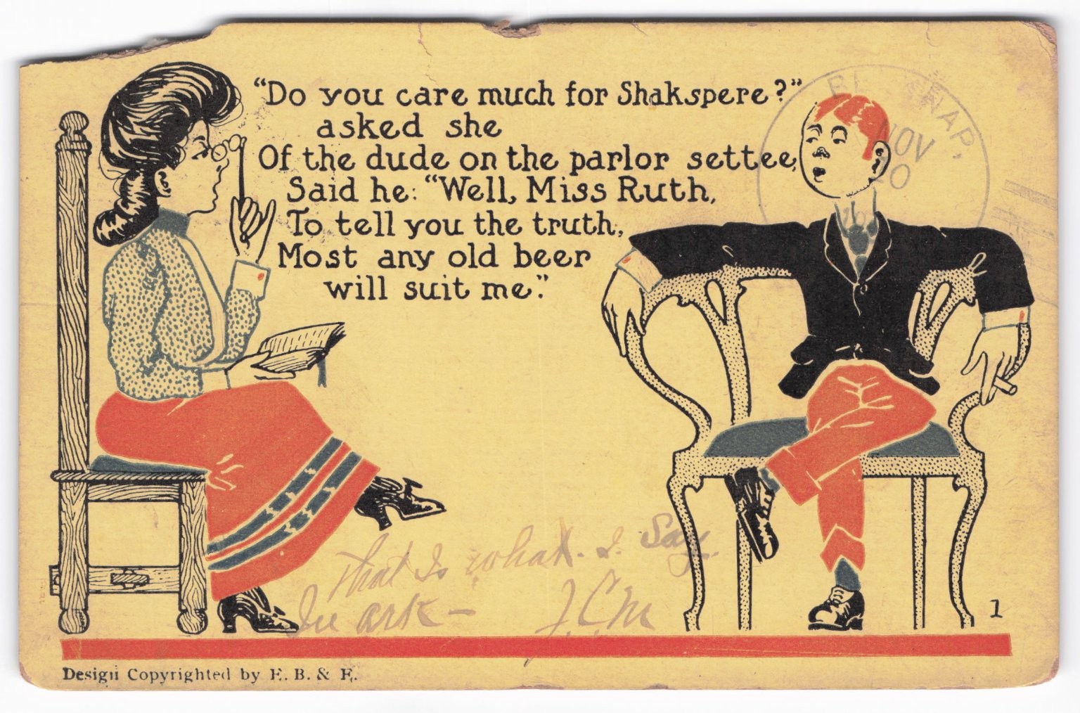 Vintage 1907 Comic Humor Postcard Shakespeare vs Beer Little Rock Arkansas PM Vintage 1907 Comic Humor Postcard Shakespeare vs Beer Little Rock Arkansas PM
