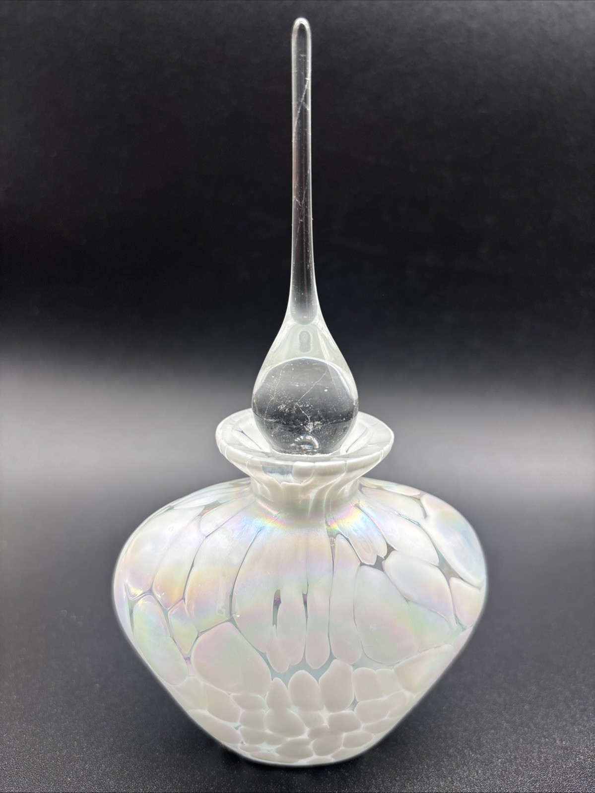 Vintage Iridescent Perfume Bottle Art Glass White Ground Glass Stopper
