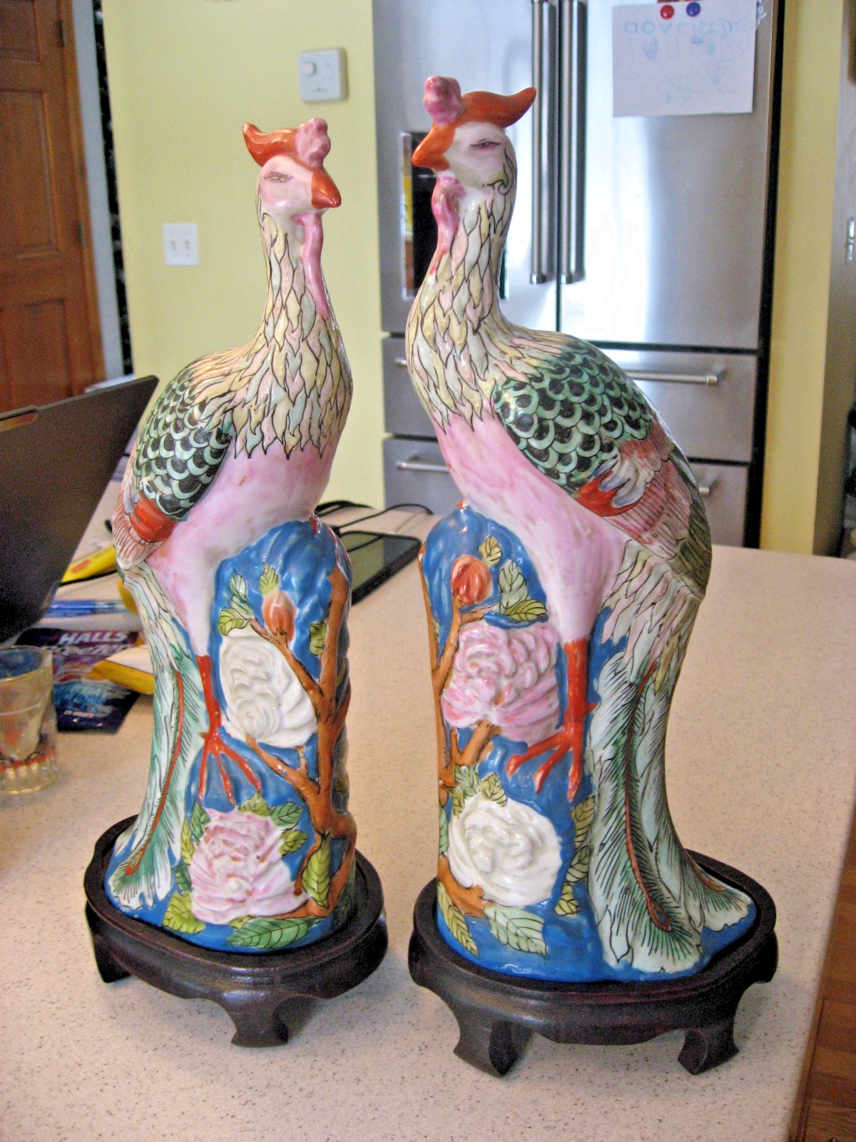 Vtg Pair of Chinese Famille Rose Porcelain Phoenix Bird Figurines Floral w/Base
