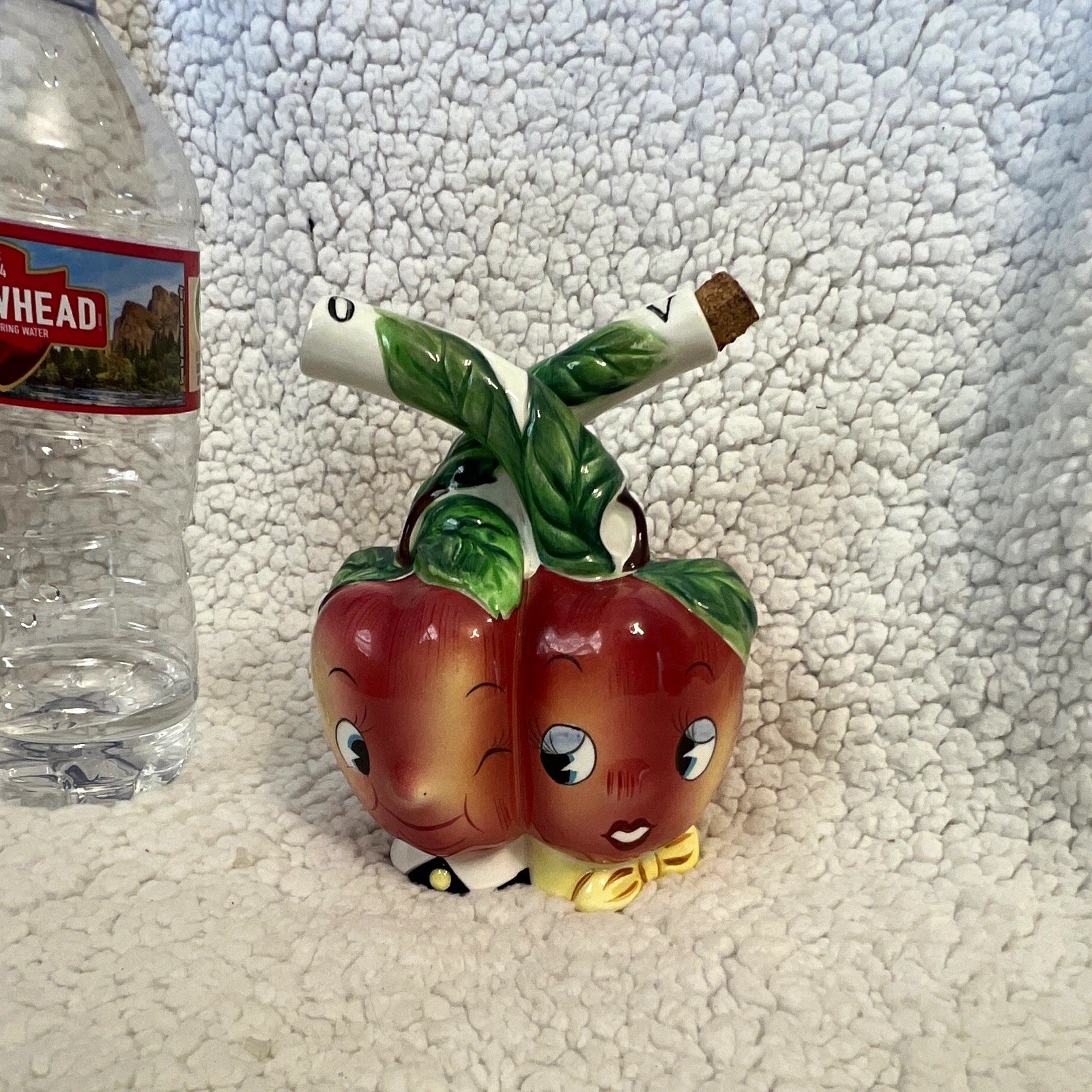 Vintage Japan 1950s Ceramic Anthropomorphic Apple Salt & Pepper Set w/ Cork
