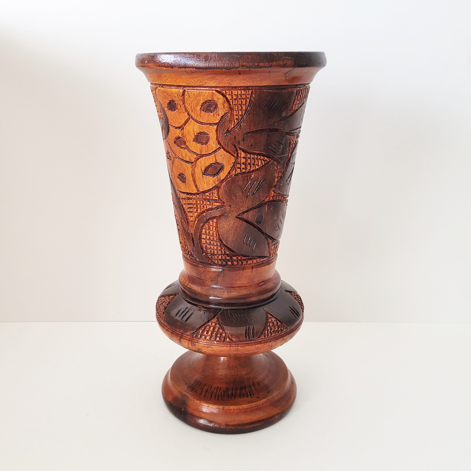 Vtg Hand-Carved Pineapple Floral Design Tropical Wood Pedestal Vase 10.5\