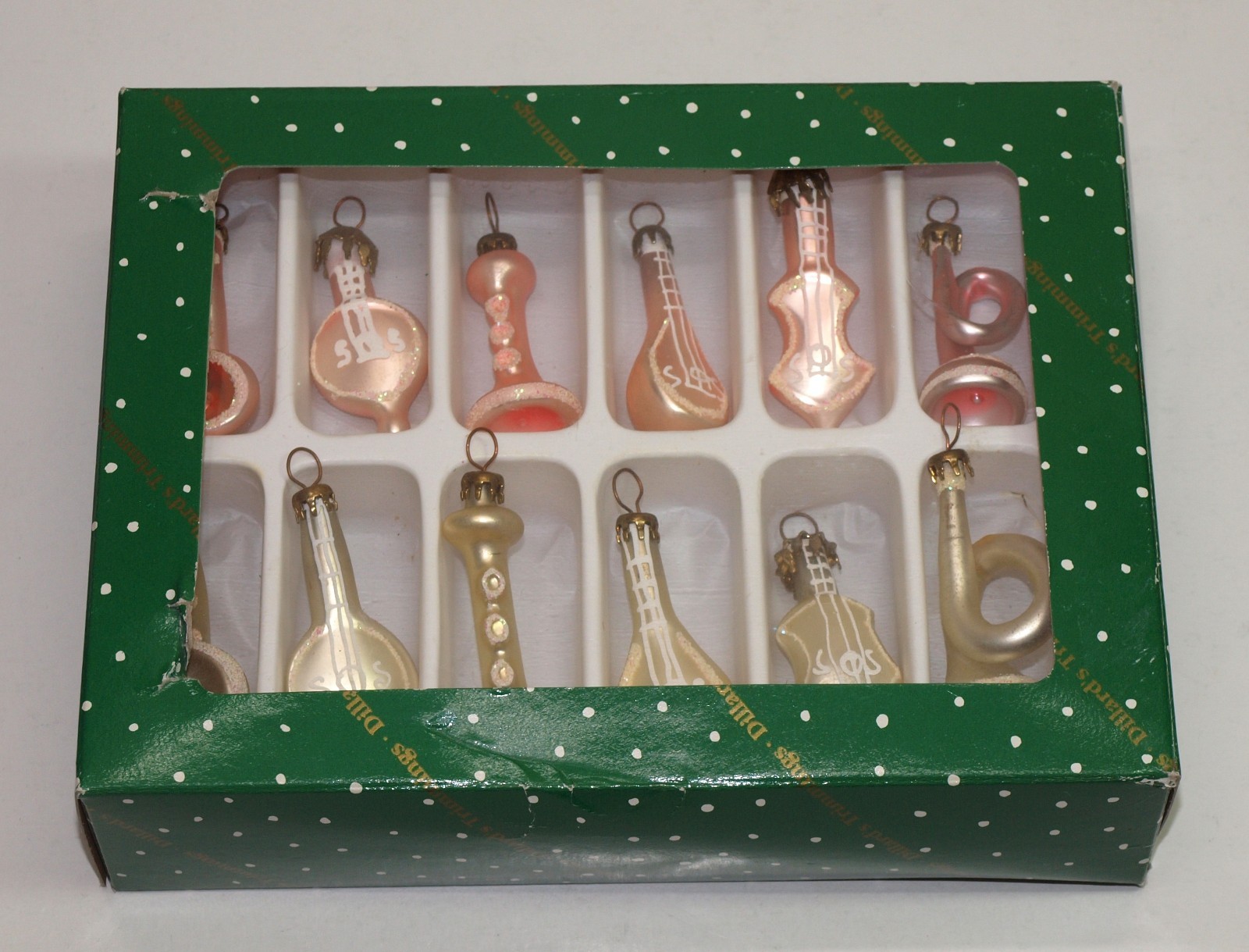 Dillard Trimmings Miniature 12 PINK & WHITE MUSICAL INSTRUMENTS Glass Ornaments Dillard Trimmings Miniature 12 PINK & WHITE MUSICAL INSTRUMENTS Glass Ornaments
