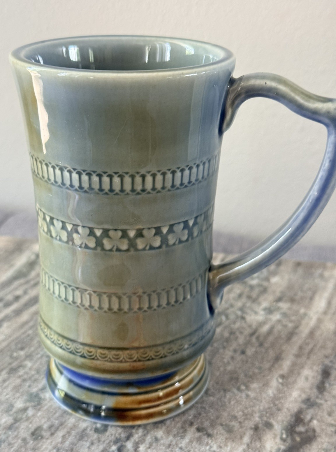 Vintage WADE Irish Porcelain Stein Beer Tankard Tall Mug Harp Handle Shamrock 