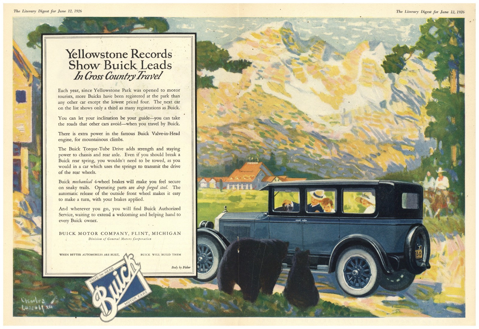 1926 Buick Automobile True Centerfold Ad: Yellowstone Park Theme