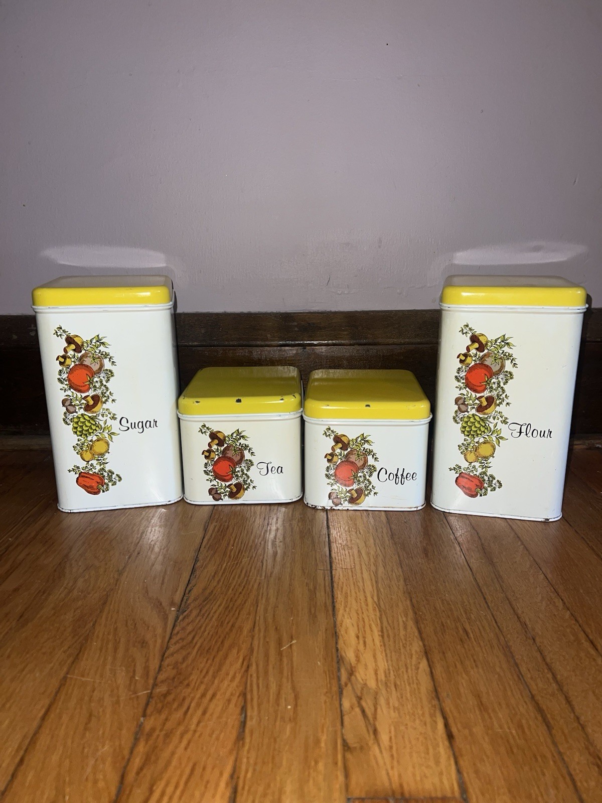 Vintage Cheinco Spice of Life Canister Set Yellow & White Flour Sugar Tea Coffee