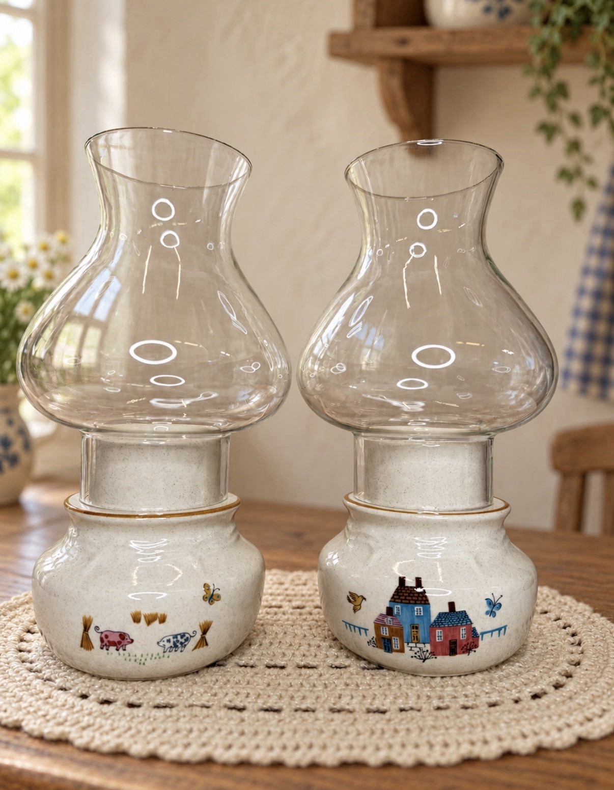 Rare Heartland Stoneware Hurricane Lamps – Set of Two Votive Candle Holders