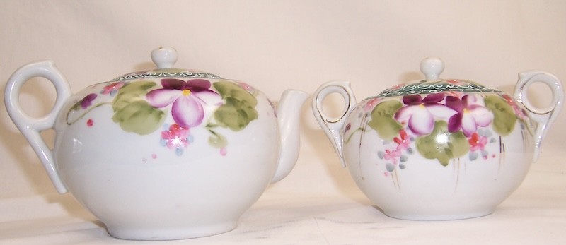 Antique Nippon TE-OH China Hand Painted Moriage Violet Teapot Sugar Bowl Set Antique Nippon TE-OH China Hand Painted Moriage Violet Teapot Sugar Bowl Set