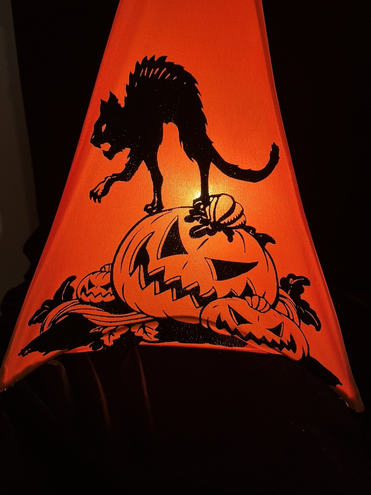 Vtg 1990s Pyramid Lamp Light Black Cat JOL Pumpkin Fabric Halloween Rare HTF Vtg 1990s Pyramid Lamp Light Black Cat JOL Pumpkin Fabric Halloween Rare HTF