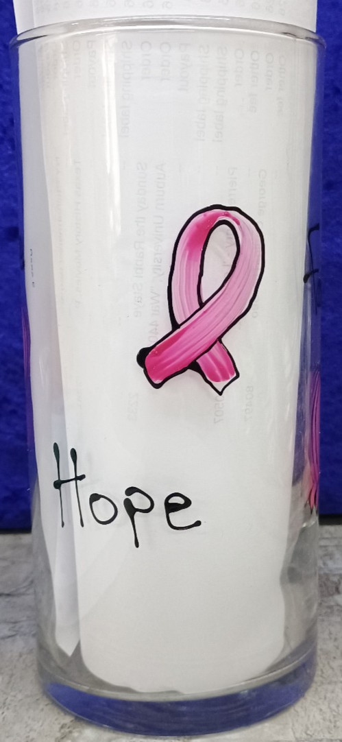 Handpainted Pink Ribbon on Clear Glass Vase; 7.5