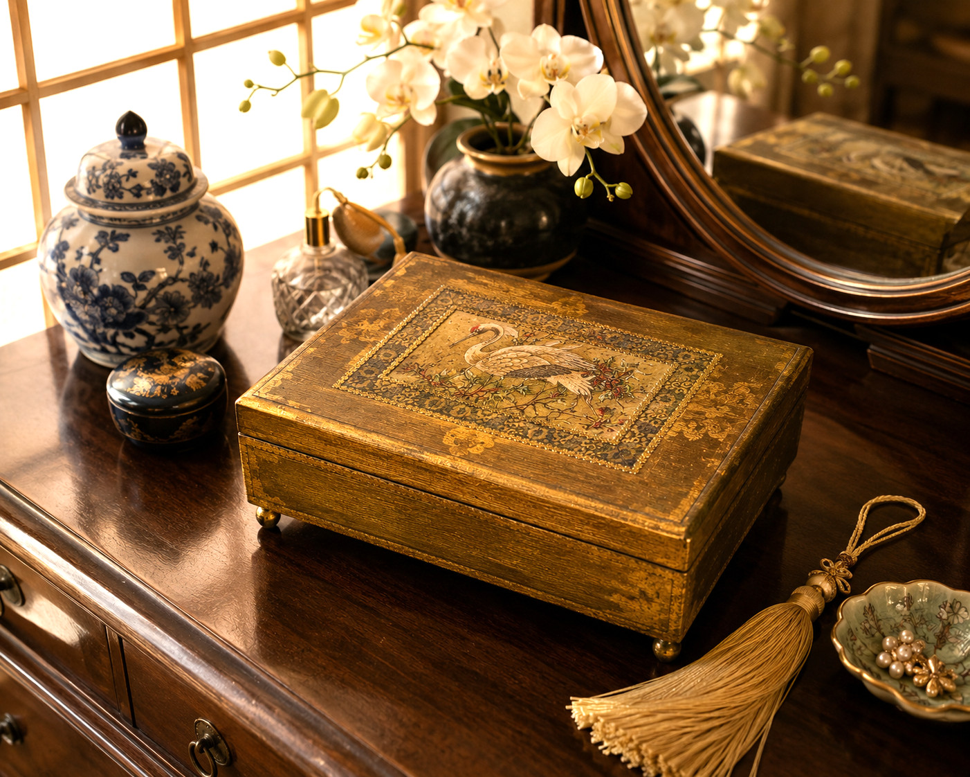 Vintage Gold Gilt Wood Decorative Keepsake Dresser Box Japanese Crane Scene