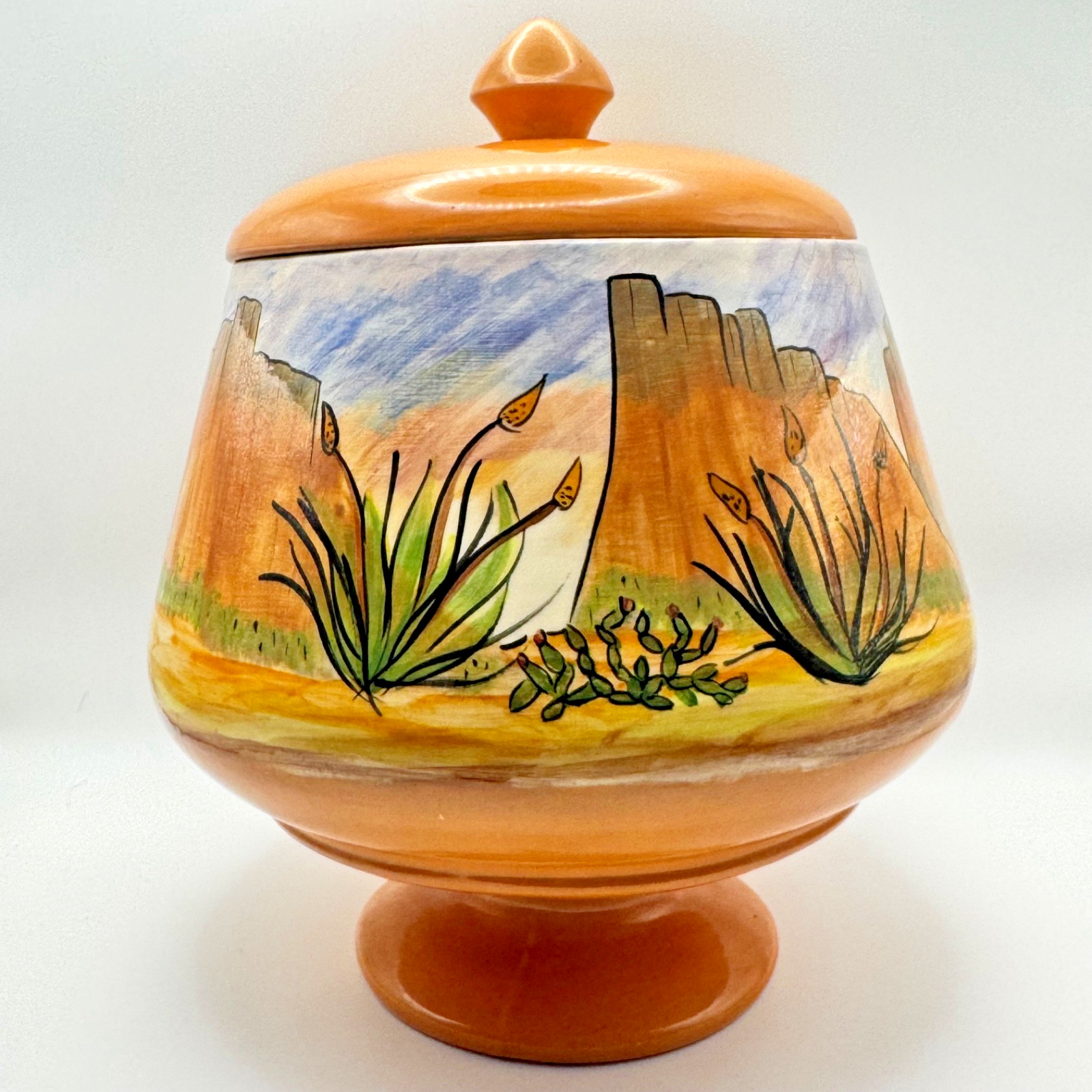 Vintage Tlaquepaque Mexican Folk Art Pottery Lidded Jar Pot Pedestal Base