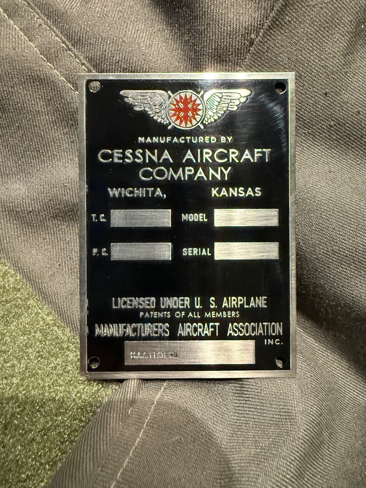 Vintage Cessna Aircraft Data plate