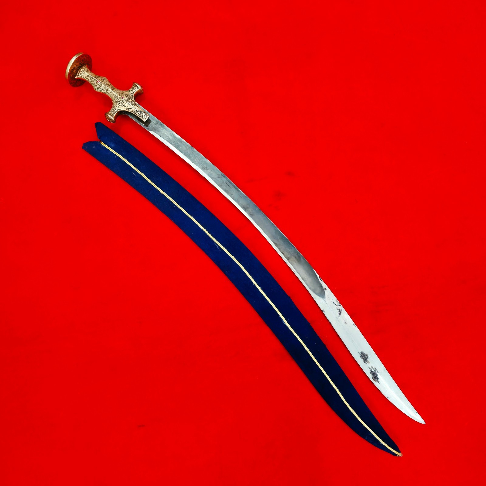 Old Vintage Indo Persian Mughal Sikh Rajput Gold Jeweled Wootz Sossun Pata Sword