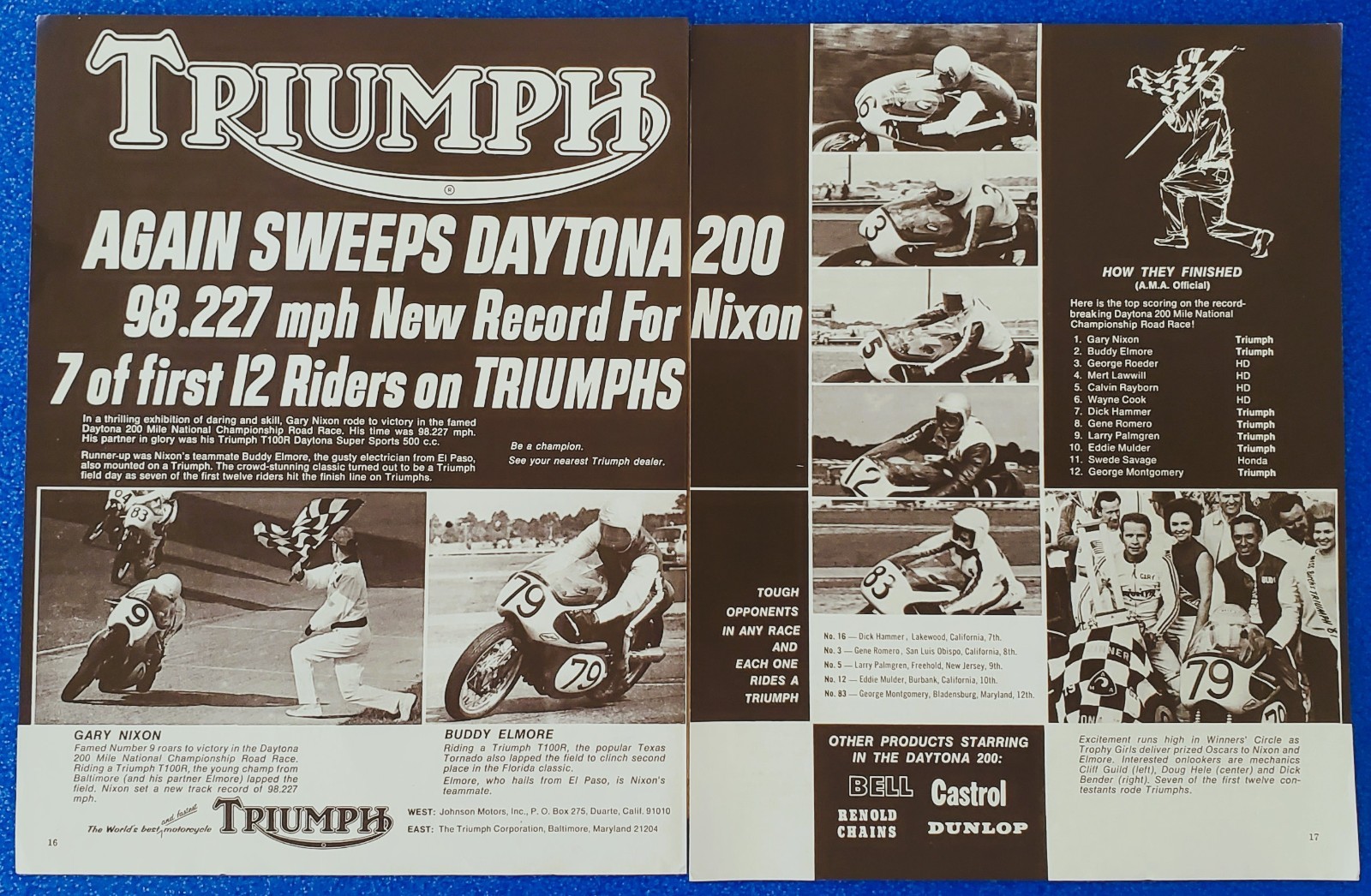 1967 Triumph Gary Nixon Ad 2 PG 16x11 Daytona 200 Meriden High Velocity Winning 1967 Triumph Gary Nixon Ad 2 PG 16x11 Daytona 200 Meriden High Velocity Winning